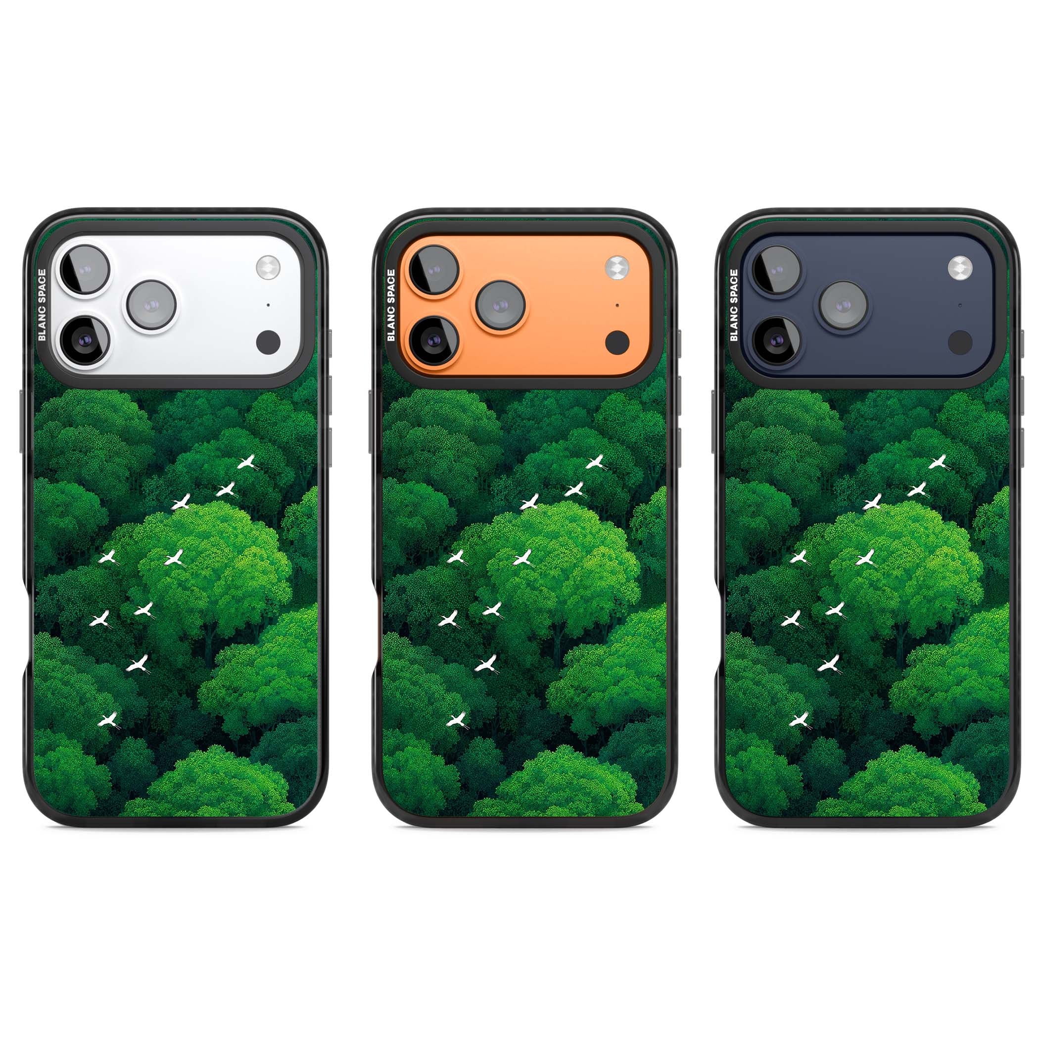 Grove Migration forest iPhone case featuring white cranes flying over lush green treetop canopy | Black Impact Magsafe case for iPhone 17 Pro, iPhone 17 Pro Max