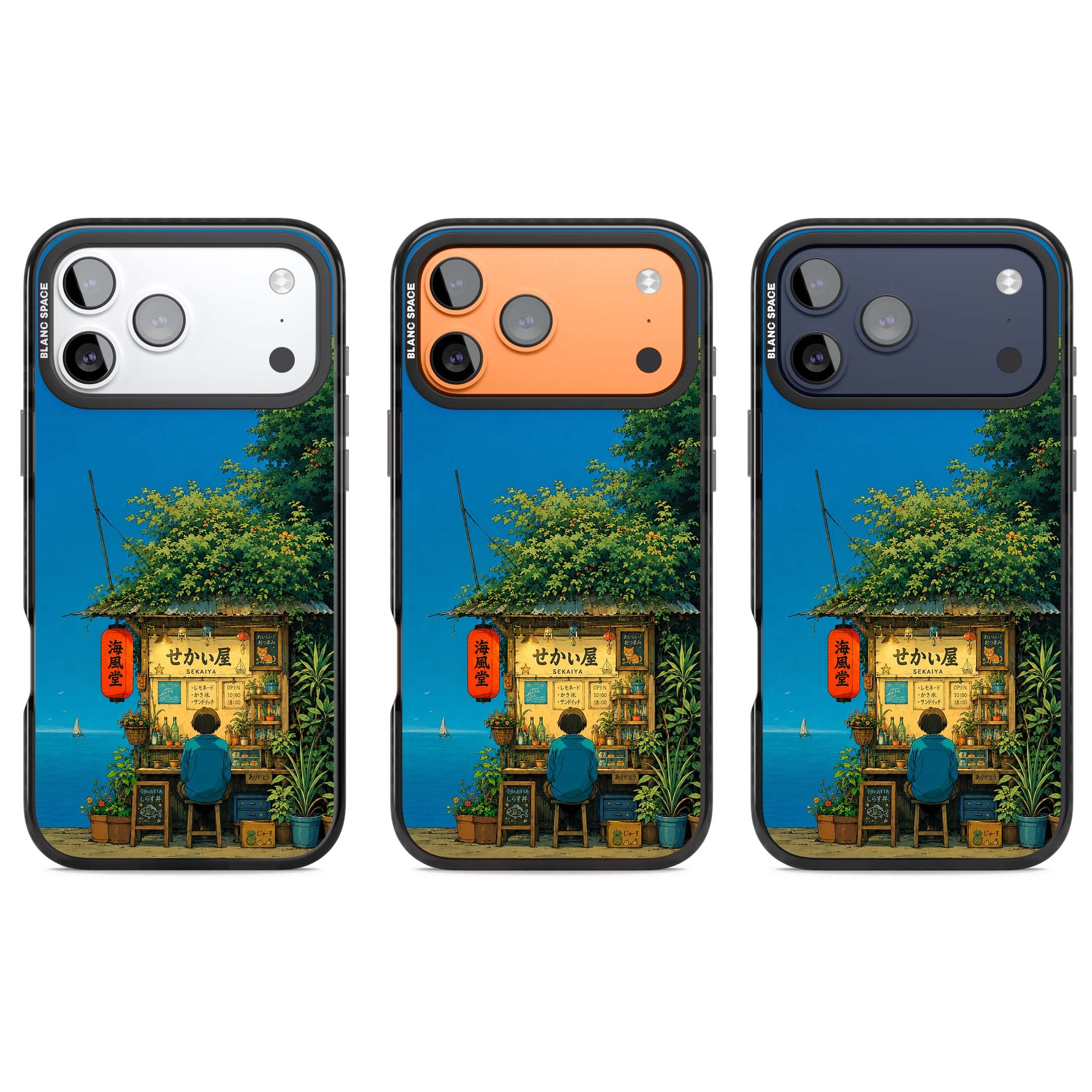 The Shirahama Kiosk anime iPhone case featuring a Japanese seaside shop, red paper lantern and ocean view | Black Impact Magsafe case for iPhone 17 Pro, iPhone 17 Pro Max