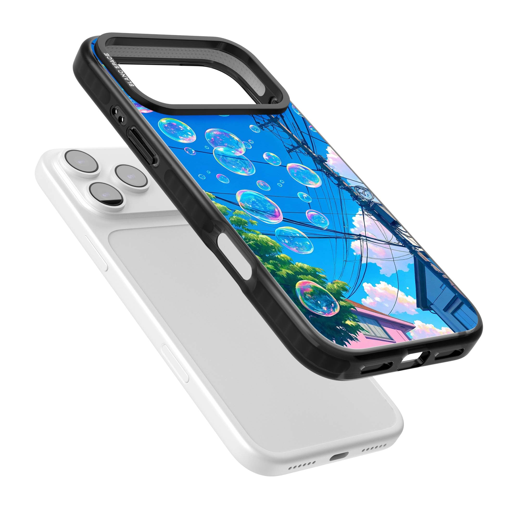 Suburban Bubbles anime iPhone case featuring iridescent soap bubbles, blue sky and Japanese telephone wires | Black Impact Magsafe case for iPhone 17 Pro, iPhone 17 Pro Max