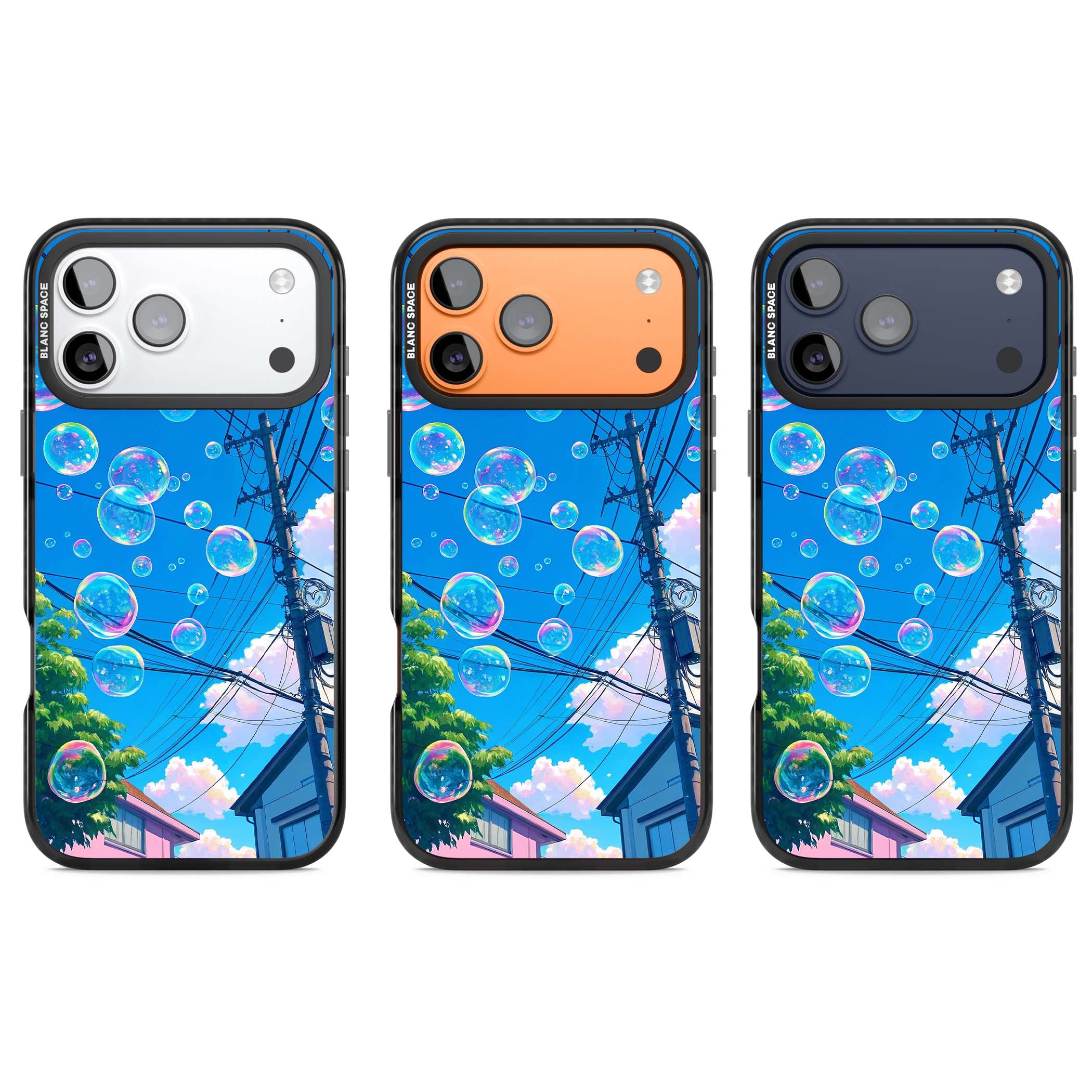 Suburban Bubbles anime iPhone case featuring iridescent soap bubbles, blue sky and Japanese telephone wires | Black Impact Magsafe case for iPhone 17 Pro, iPhone 17 Pro Max