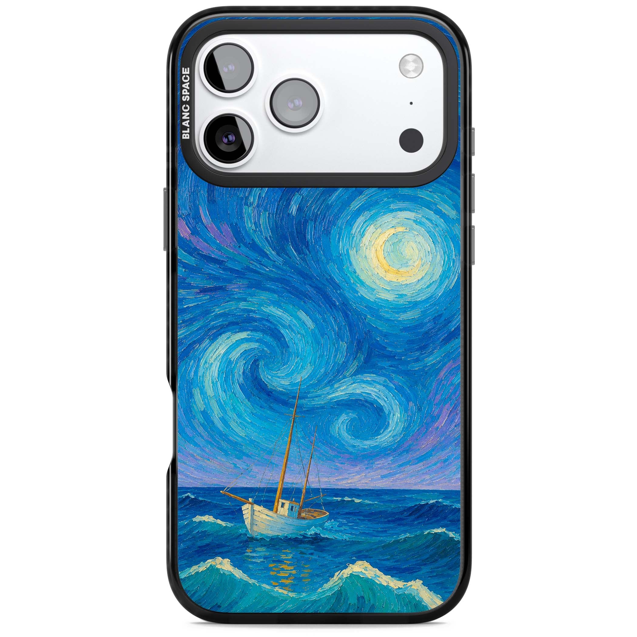 Moonlit Tide Van Gogh art iPhone case featuring swirling starry night sky, glowing moon and lone sailing boat at sea | Black Impact Magsafe case for iPhone 17 Pro, iPhone 17 Pro Max