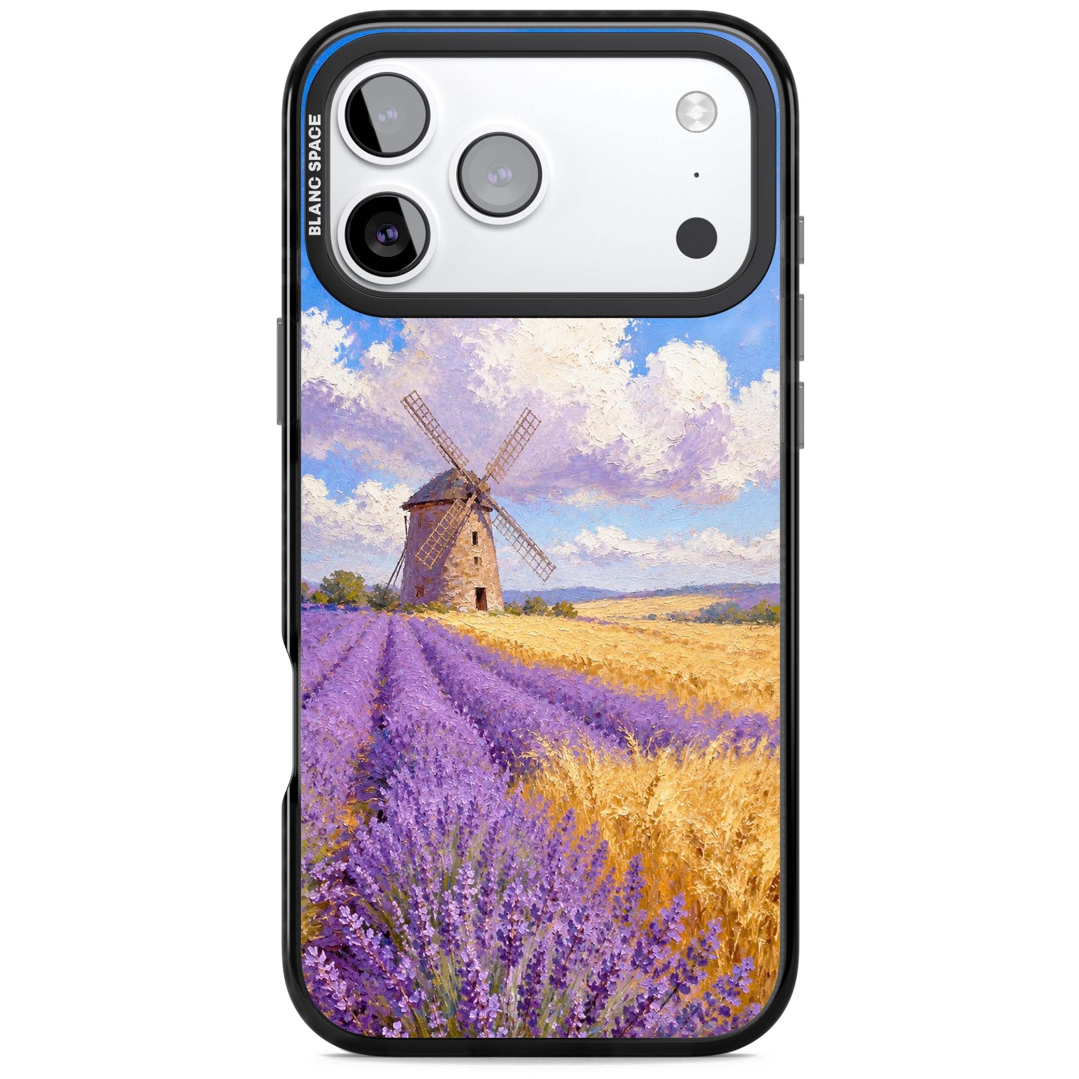 Lavender Mill cottagecore iPhone case featuring a French windmill, lavender field and golden wheat oil painting | Black Impact Magsafe case for iPhone 17 Pro, iPhone 17 Pro Max