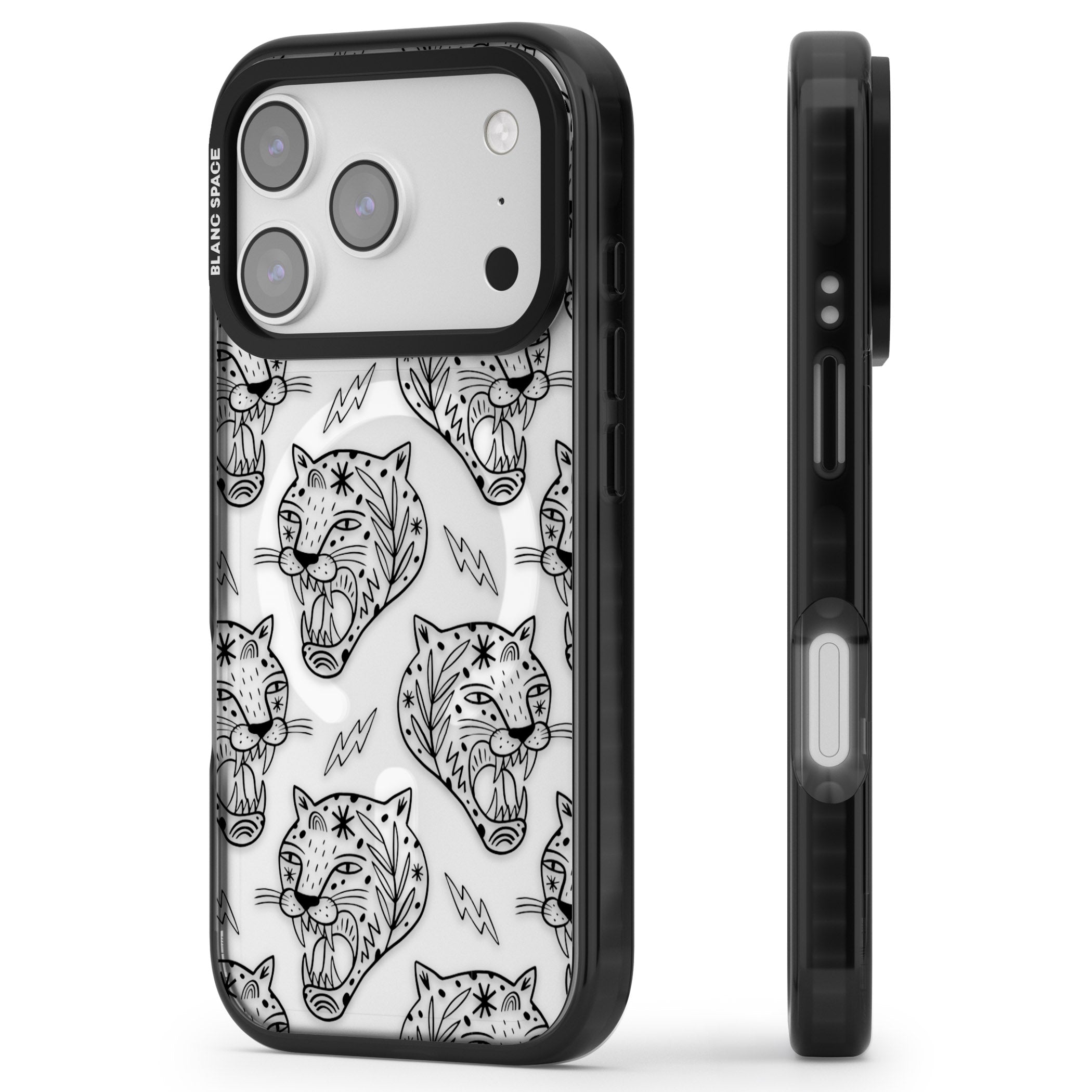 Black Tiger Roar Pattern iPhone 17 Pro Impact Pro Black Phone Case Side Profile