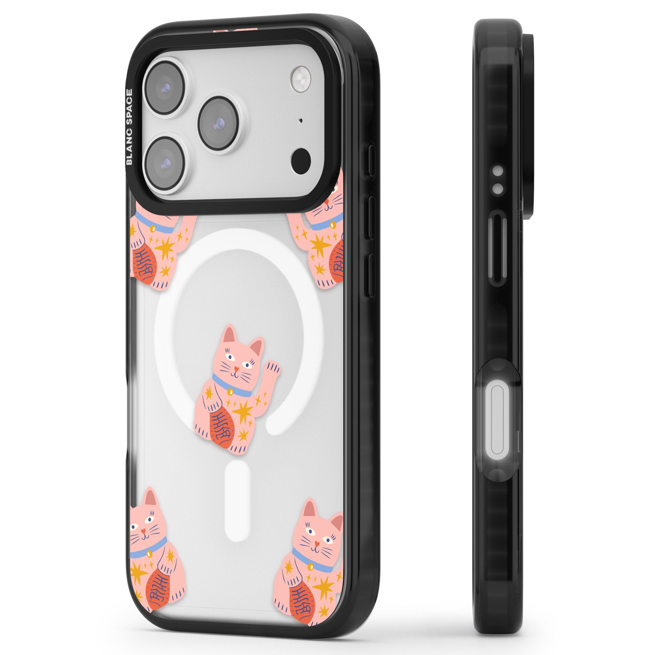 Waving Cat Pattern iPhone 17 Pro Impact Pro Black Phone Case Side Profile