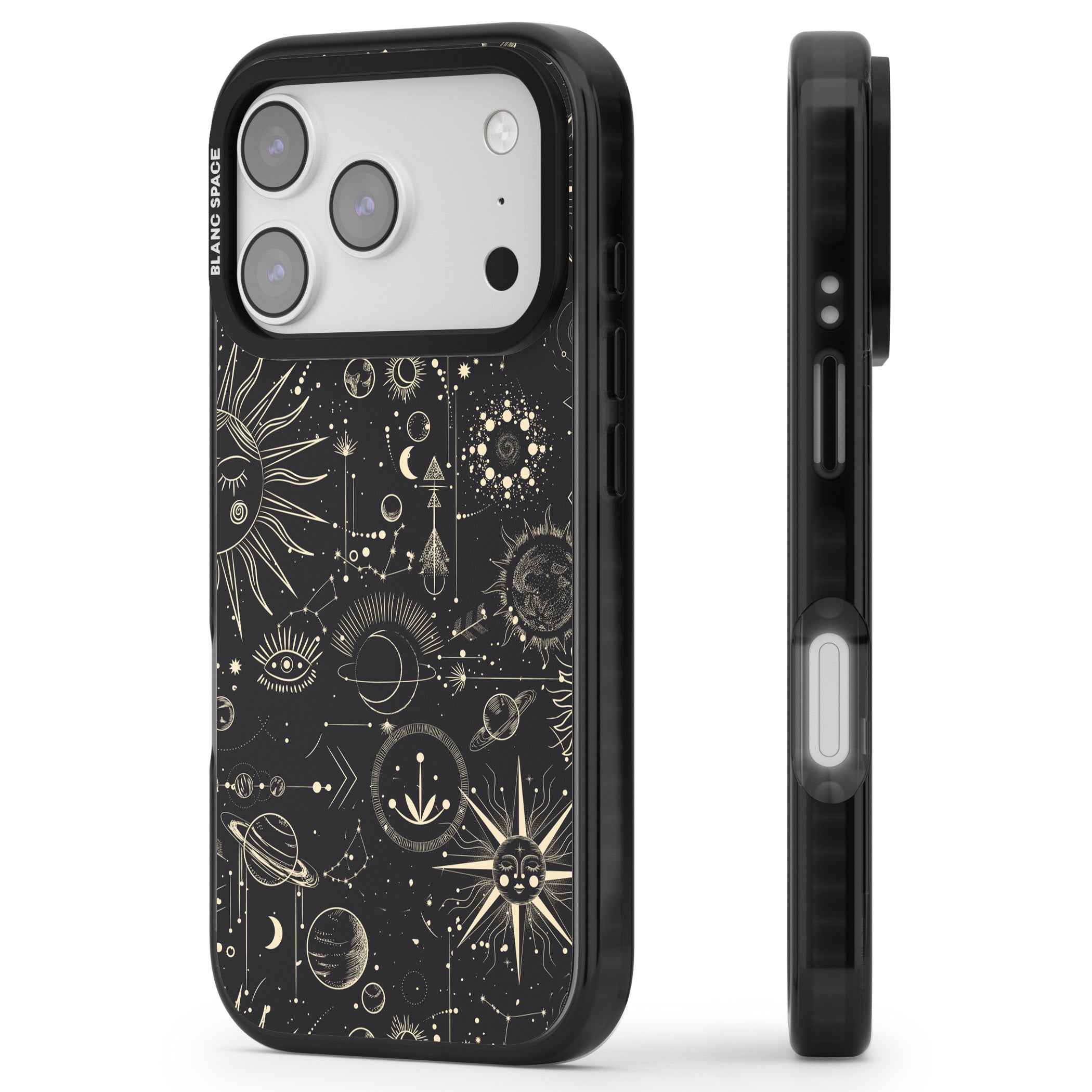 Cosmic Suns And Planets iPhone 17 Pro Impact Pro Black Phone Case Side Profile
