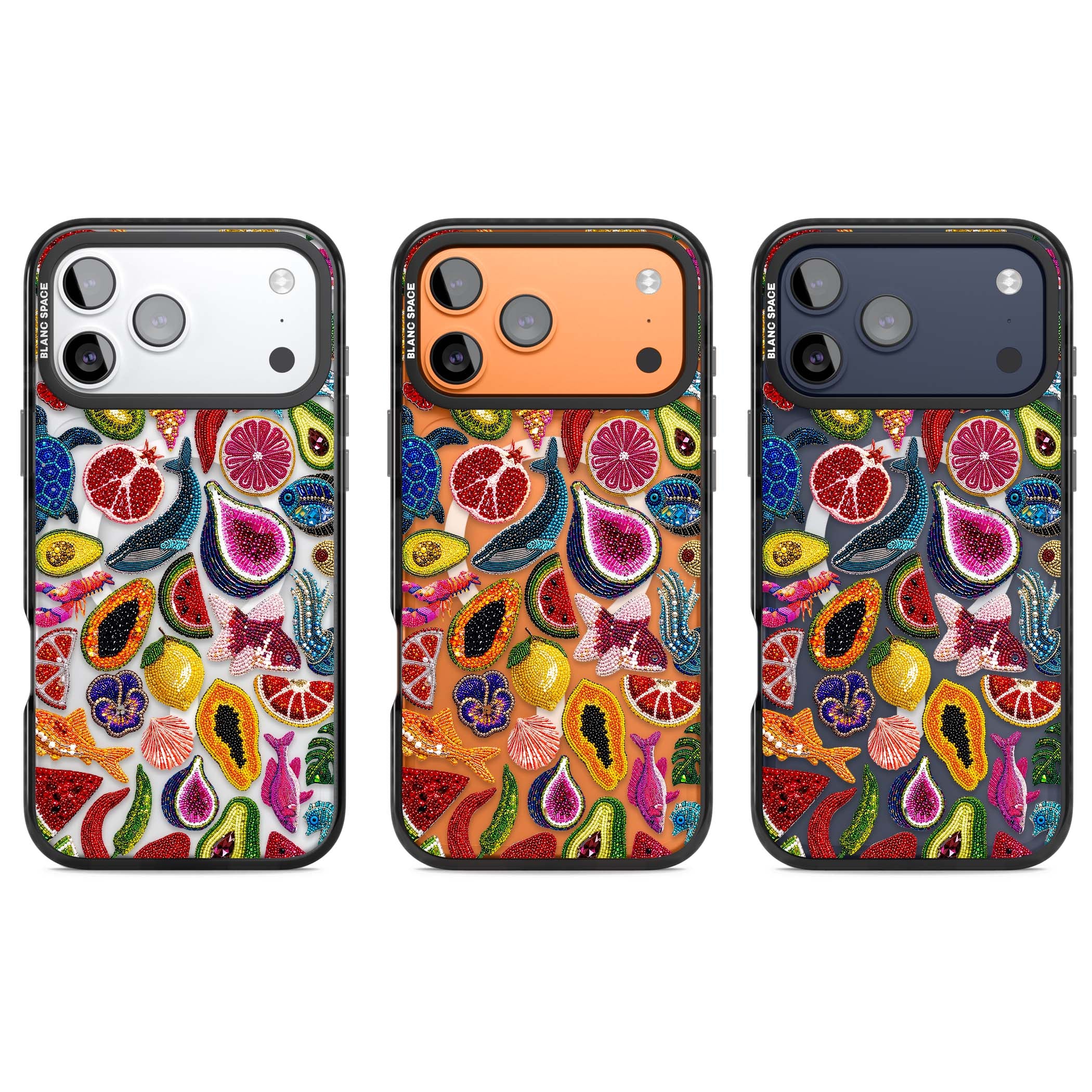 Beaded Tropic tropical iPhone case featuring beaded fruit, fish, crabs and seashells in vibrant colour | Black Impact Magsafe case for iPhone 17 Pro, iPhone 17 Pro Max