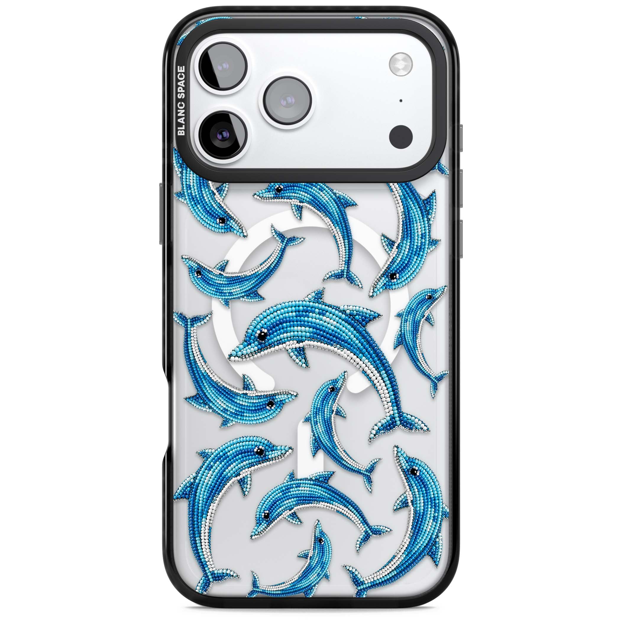 Beaded Dolphins coastal iPhone case featuring beaded dolphins in blue and white swimming across a clear background | Black Impact Magsafe case for iPhone 17 Pro, iPhone 17 Pro Max