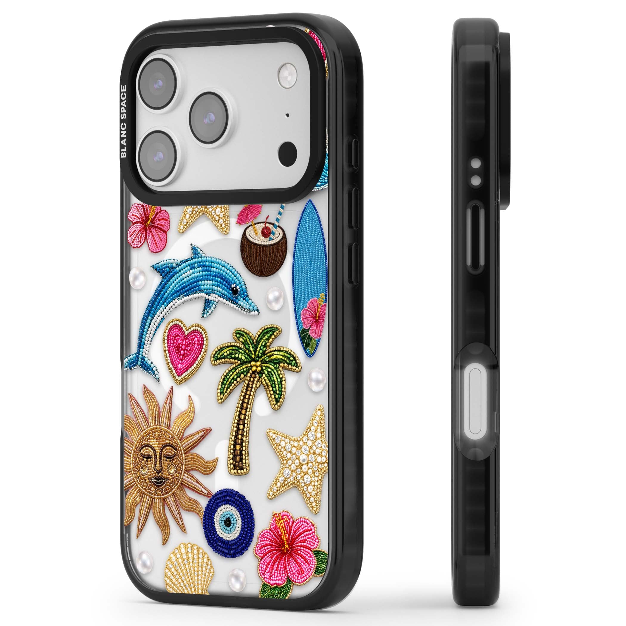 Beaded Beach coastal summer iPhone case featuring embroidered evil eye, hibiscus flowers, dolphin and palm tree patches | Black Impact Magsafe case for iPhone 17 Pro, iPhone 17 Pro Max