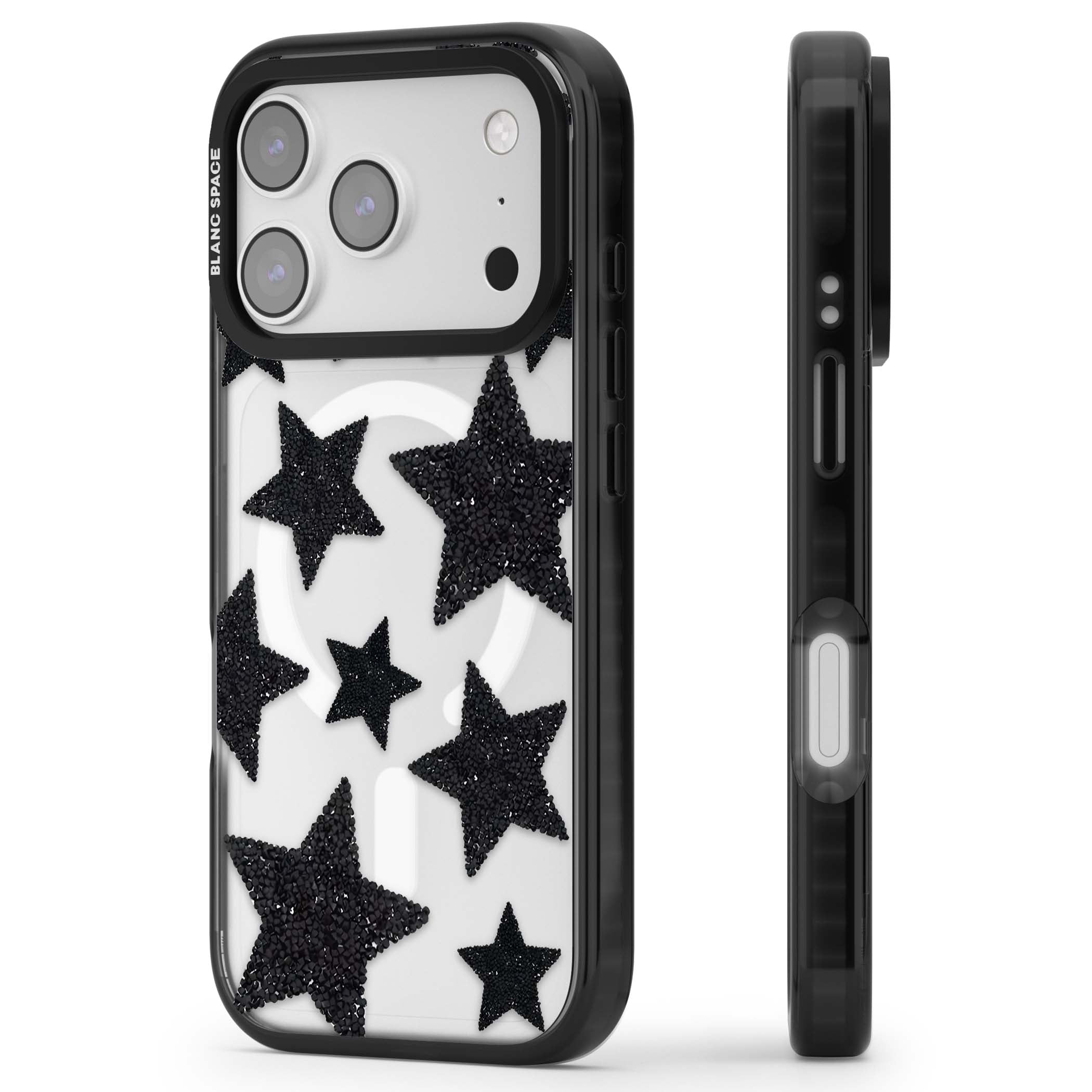 Beaded Black Stars celestial iPhone case featuring black glitter beaded stars scattered on a clear background | Black Impact Magsafe case for iPhone 17 Pro, iPhone 17 Pro Max