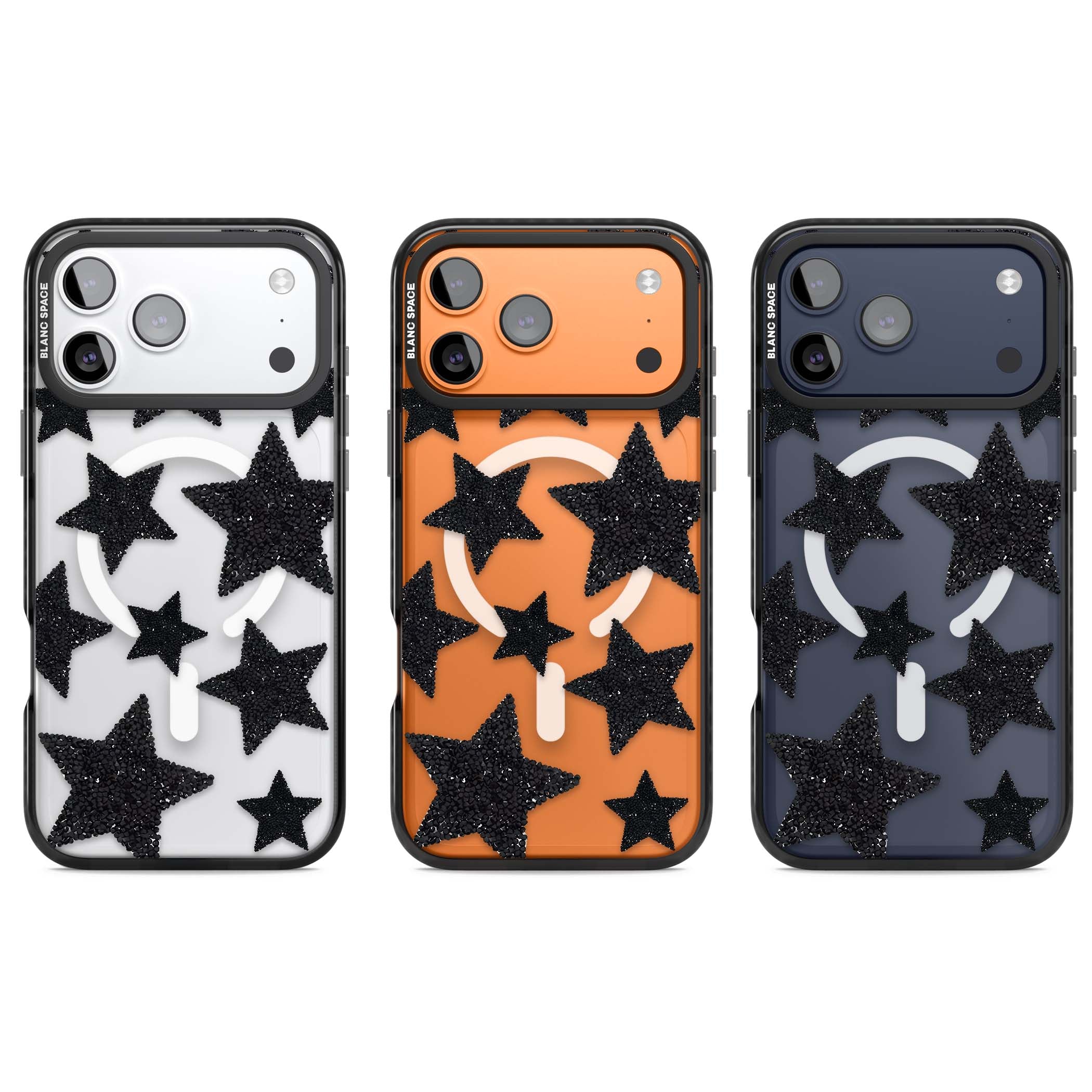 Beaded Black Stars celestial iPhone case featuring black glitter beaded stars scattered on a clear background | Black Impact Magsafe case for iPhone 17 Pro, iPhone 17 Pro Max