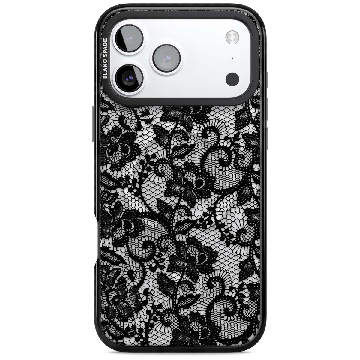 Black Lace gothic iPhone case featuring intricate black floral lace pattern with vintage whimsigoth detail | Black Impact Magsafe case for iPhone 17 Pro, iPhone 17 Pro Max