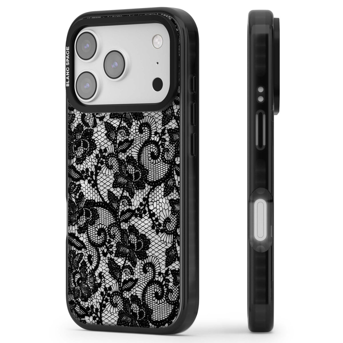 Black Lace gothic iPhone case featuring intricate black floral lace pattern with vintage whimsigoth detail | Black Impact Magsafe case for iPhone 17 Pro, iPhone 17 Pro Max