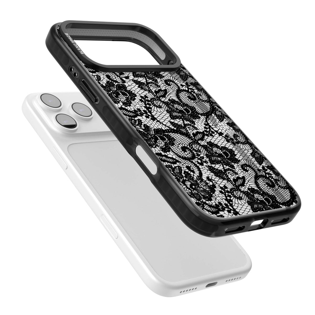Black Lace gothic iPhone case featuring intricate black floral lace pattern with vintage whimsigoth detail | Black Impact Magsafe case for iPhone 17 Pro, iPhone 17 Pro Max