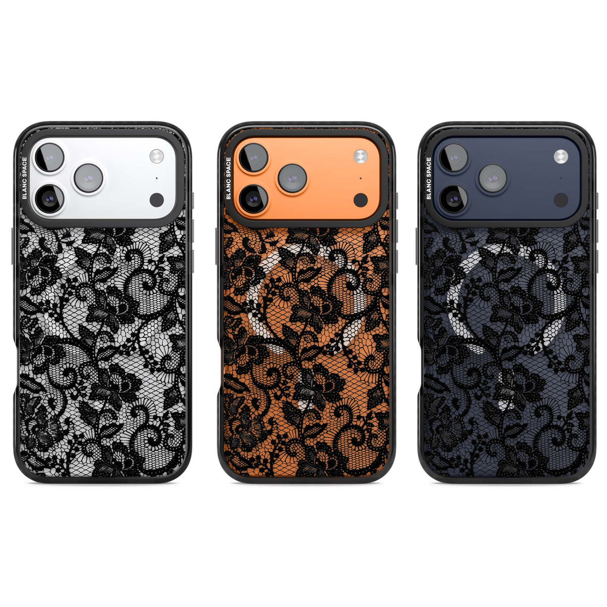 Black Lace gothic iPhone case featuring intricate black floral lace pattern with vintage whimsigoth detail | Black Impact Magsafe case for iPhone 17 Pro, iPhone 17 Pro Max