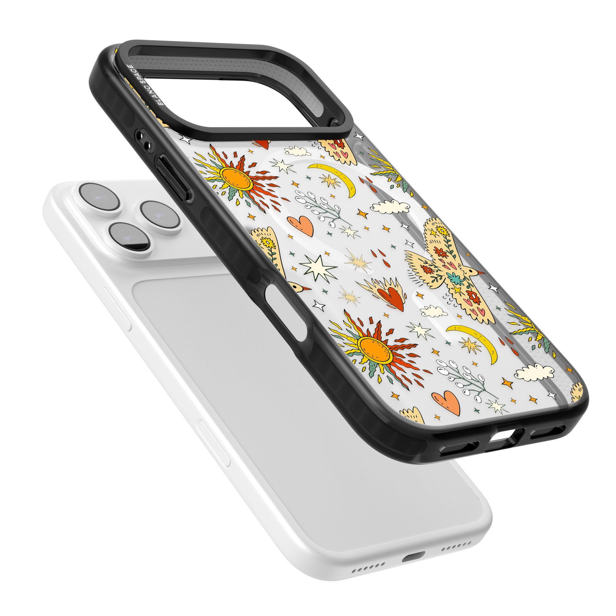 Boho Celestial Floral Bird Sun iPhone 17 Pro Impact Pro Black Phone Case Colours