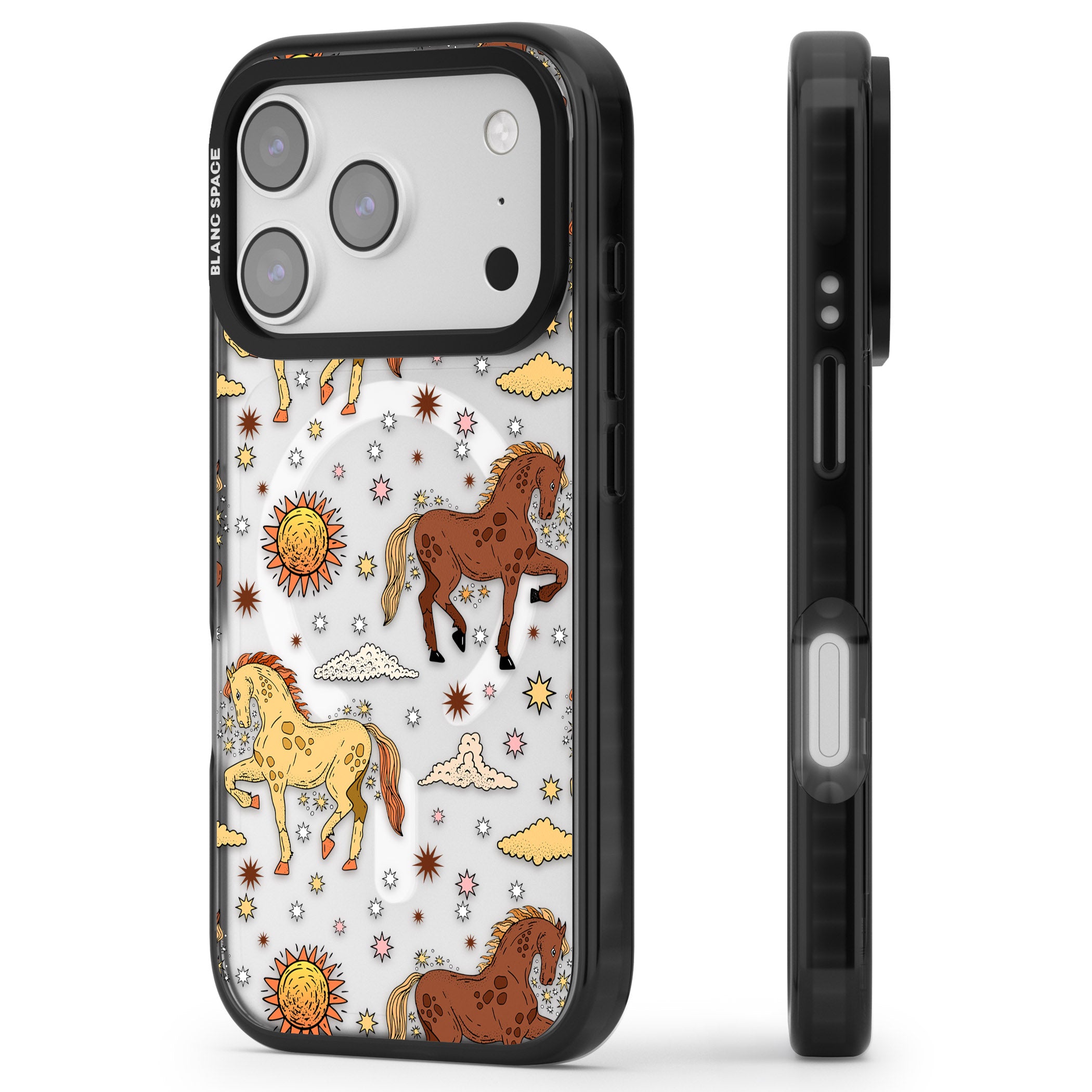 Boho Celestial Wild Horses iPhone 17 Pro Impact Pro Black Phone Case Side Profile