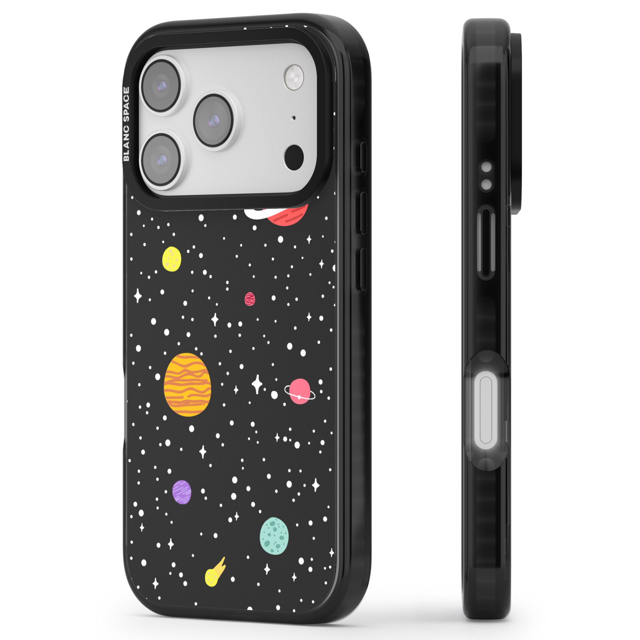 Cute Cartoon Planets iPhone 17 Pro Impact Pro Black Phone Case Side Profile