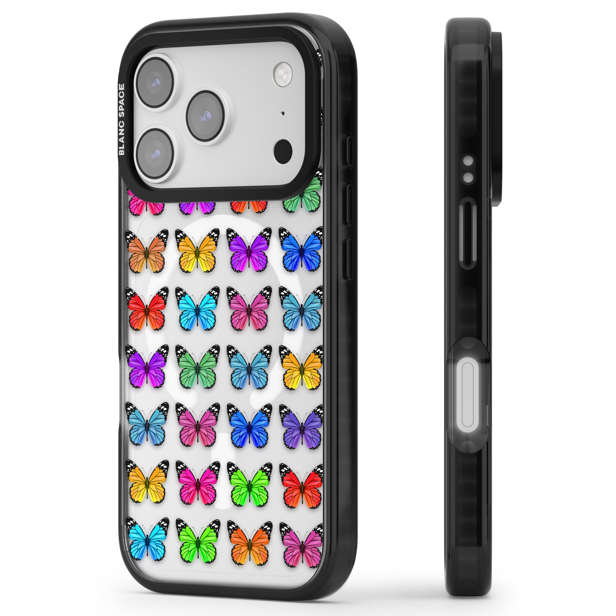 Colourful Butterfly Pattern iPhone 17 Pro Impact Pro Black Phone Case Side Profile