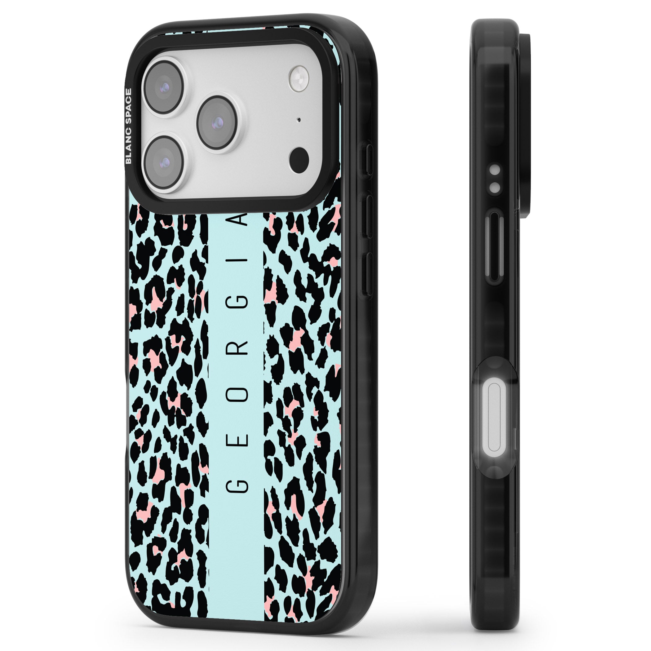 Personalised Blue Leopard iPhone 17 Pro Impact Pro Black Phone Case Side Profile
