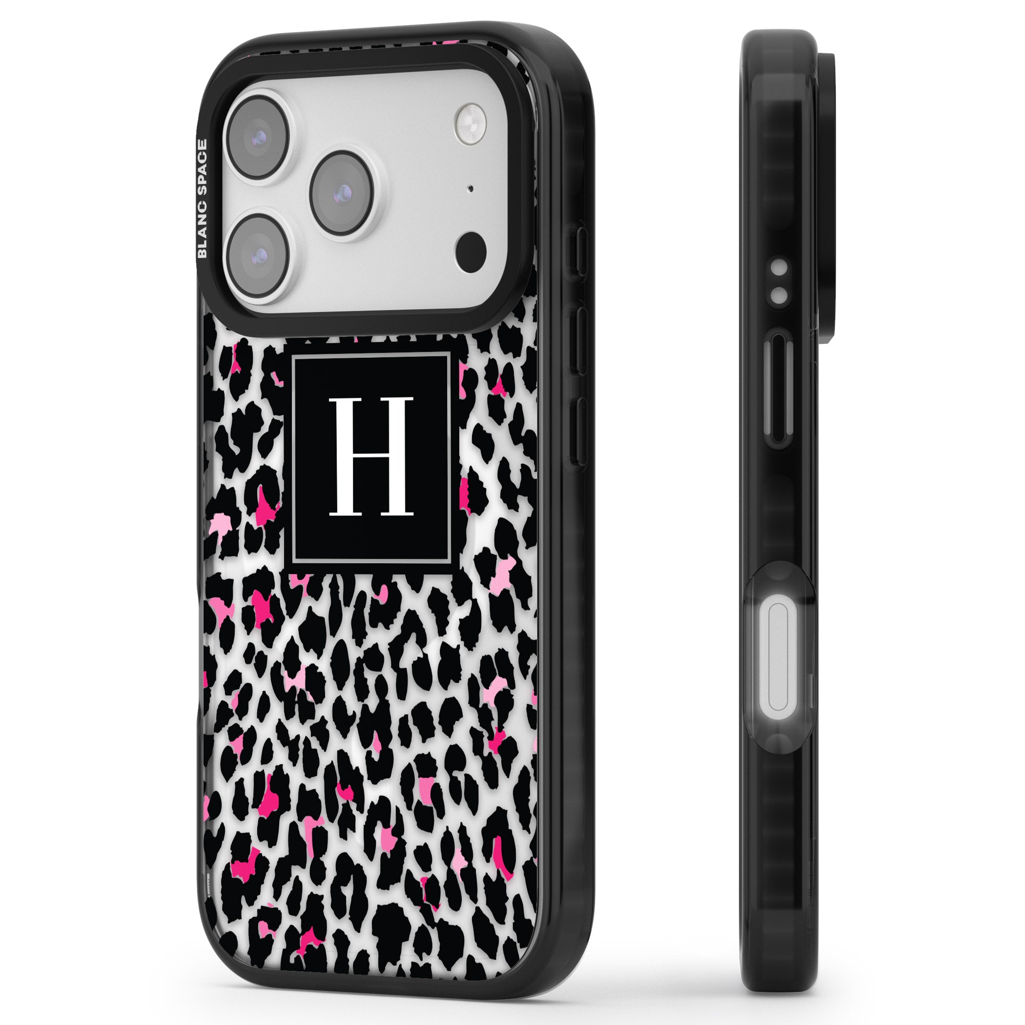 Personalised Clear Pink Leopard Monogram iPhone 17 Pro Impact Pro Black Phone Case Side Profile