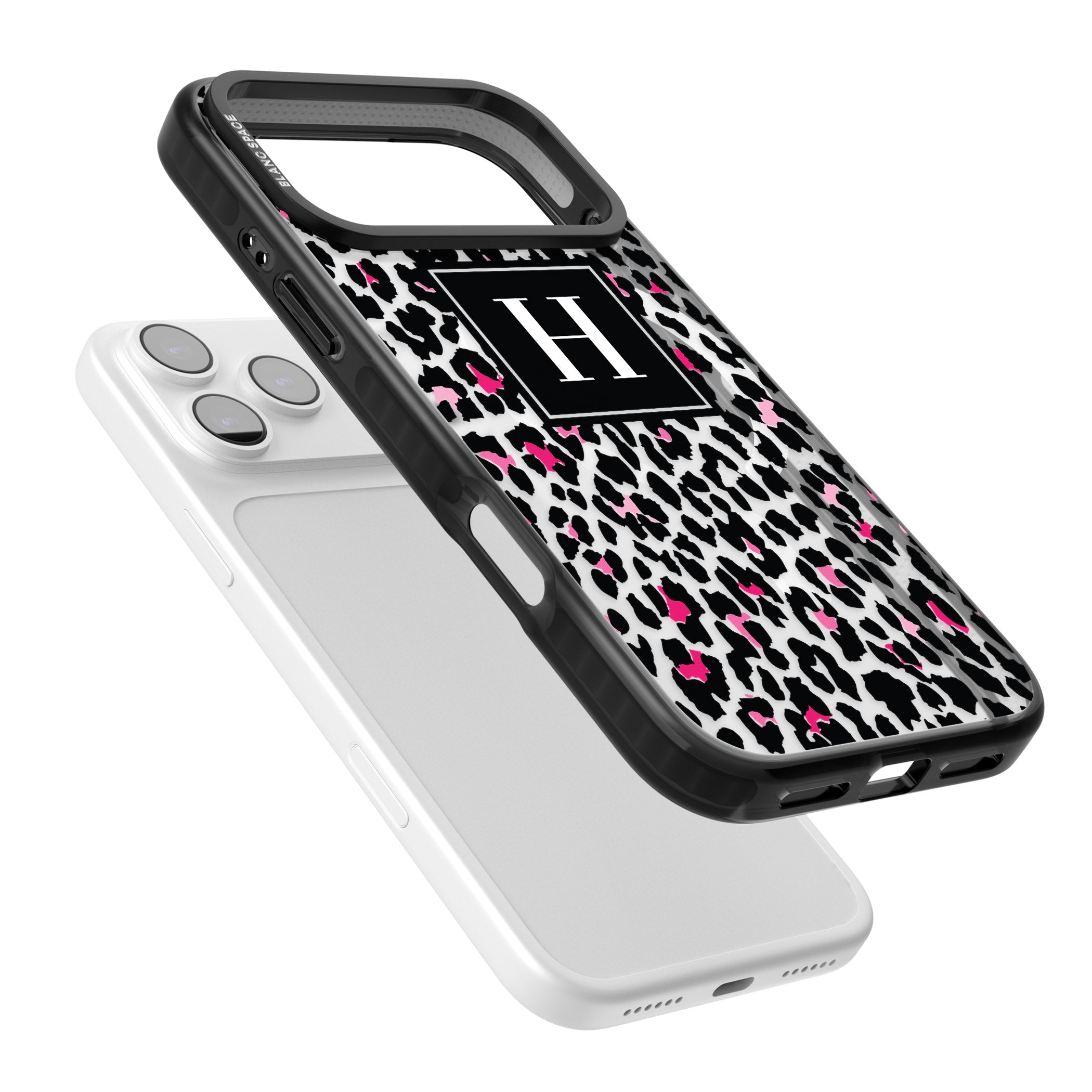 Personalised Clear Pink Leopard Monogram iPhone 17 Pro Impact Pro Black Phone Case Colours