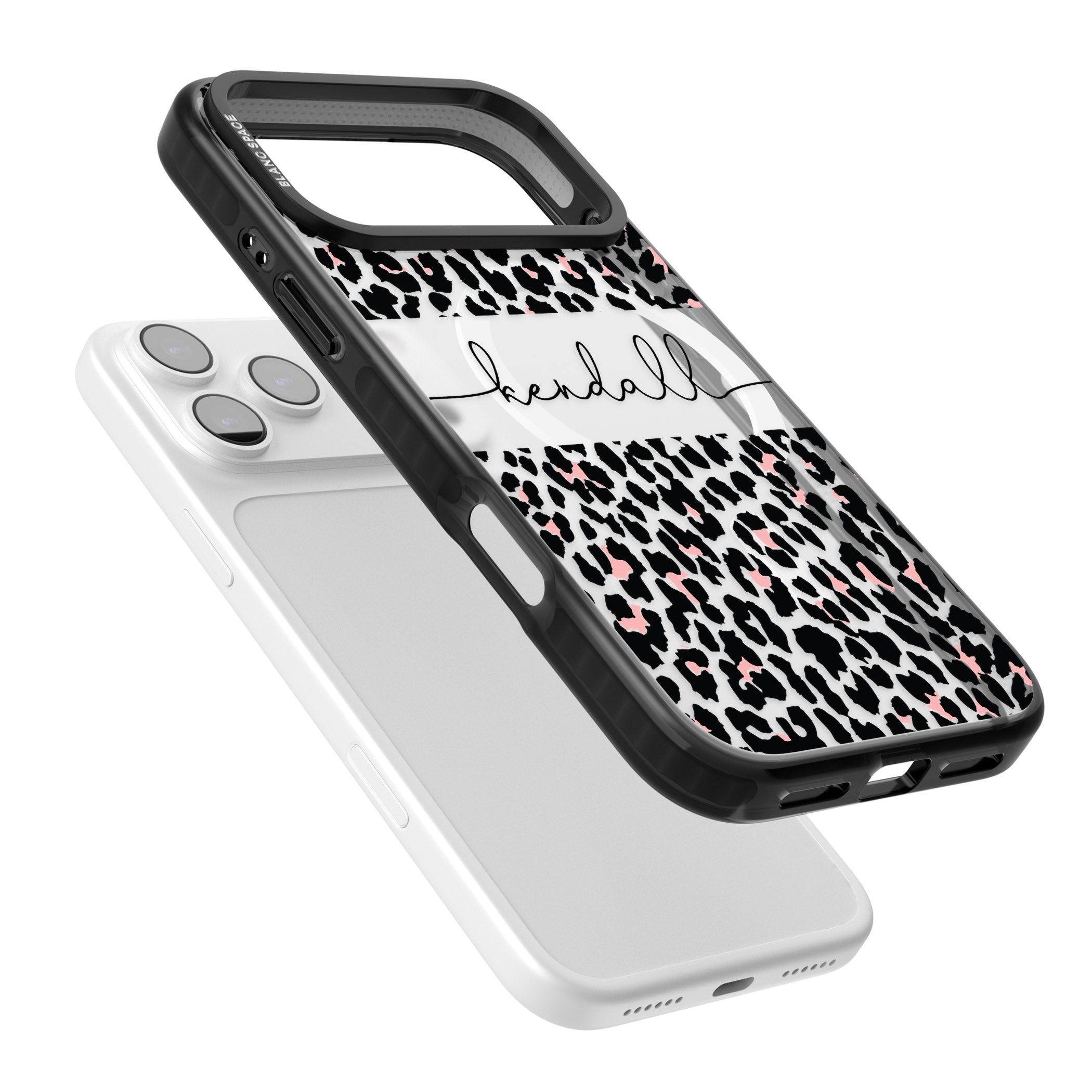 Personalised Cursive Leopard Spots iPhone 17 Pro Impact Pro Black Phone Case Colours