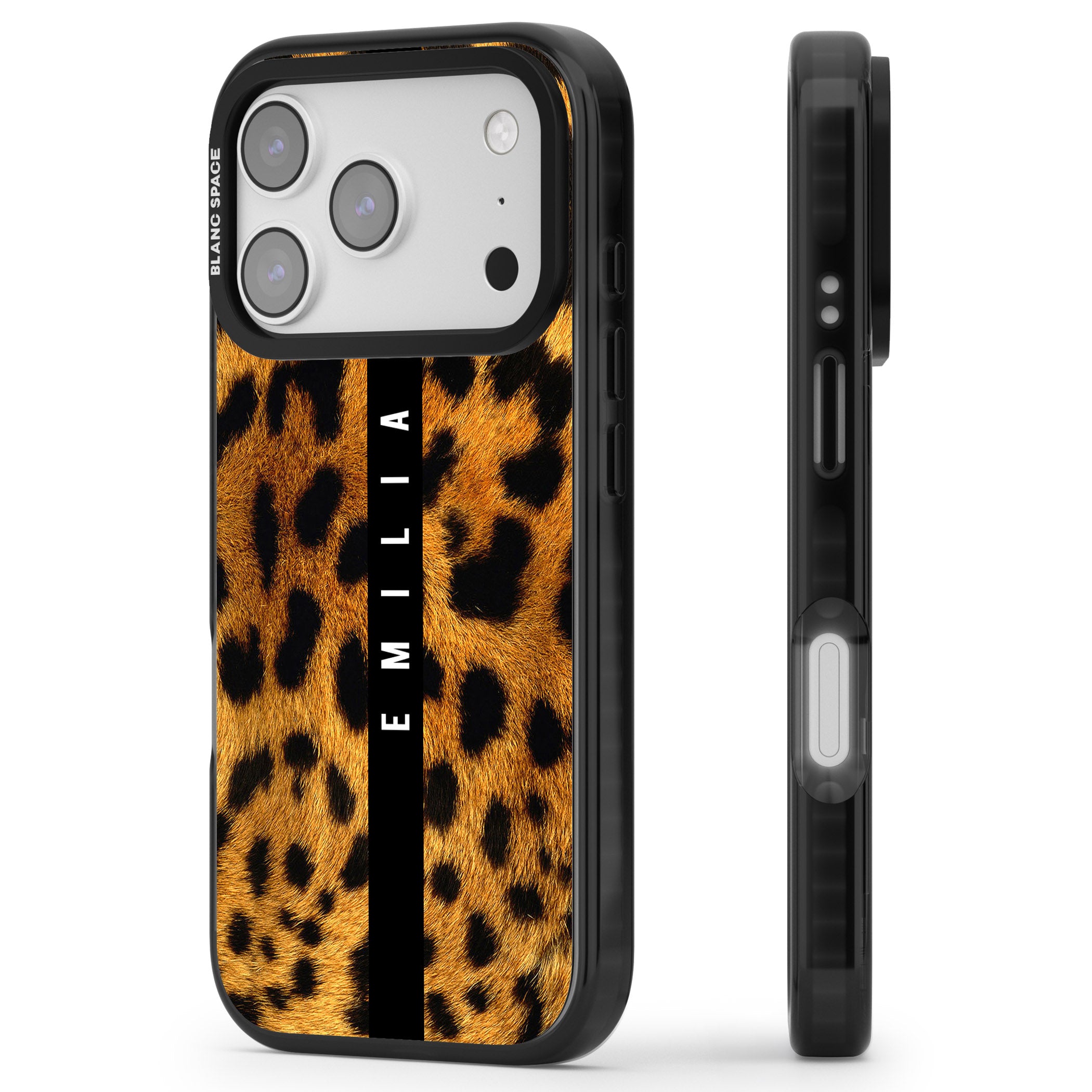 Personalised Leopard Print iPhone 17 Pro Max Impact Pro Black Phone Case Side Profile