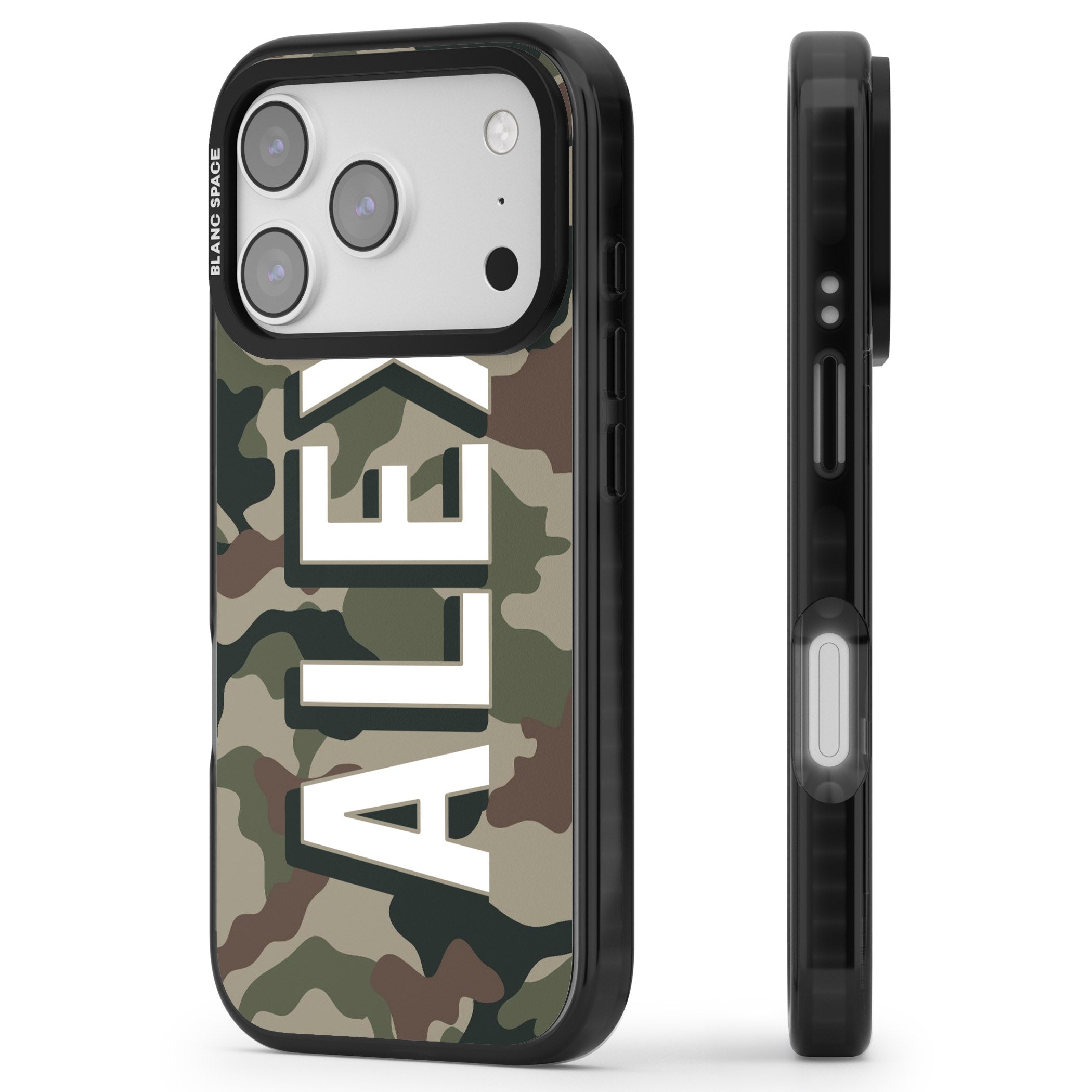 Personalised Classic Green Camo iPhone 17 Pro Impact Pro Black Phone Case Side Profile