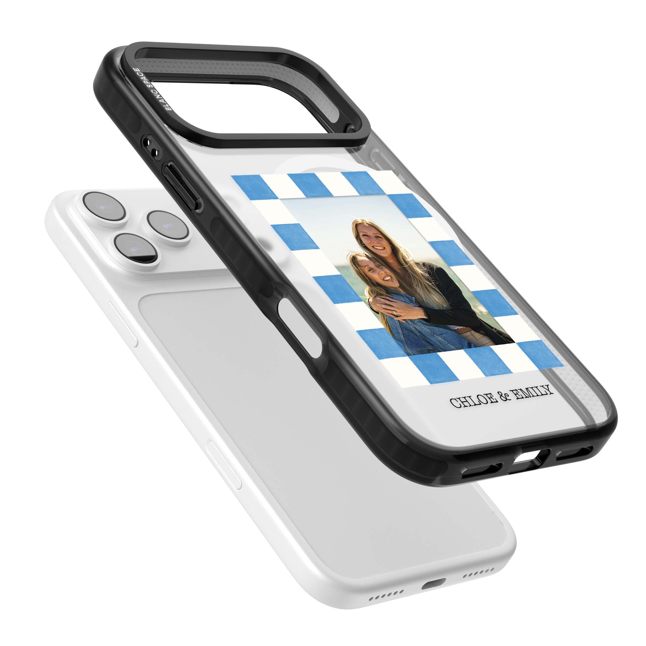 Blue Check Photo personalised photo iPhone case with blue checkered frame and custom couple names | Black Impact Magsafe case for iPhone 17 Pro, iPhone 17 Pro Max