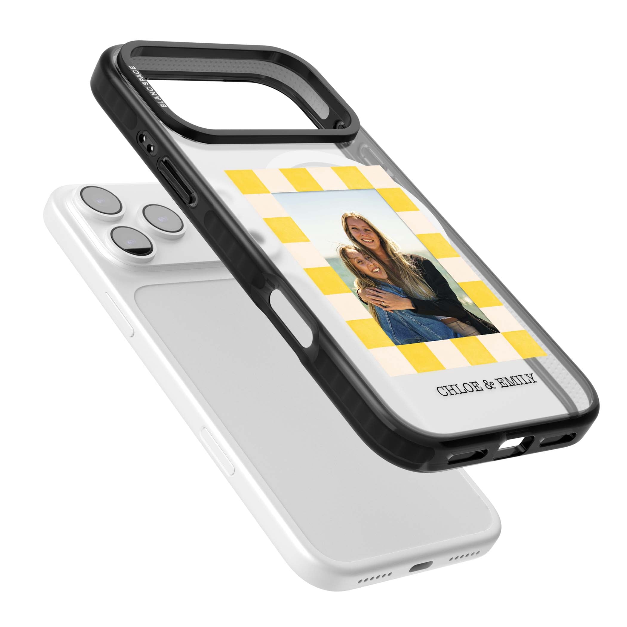 Yellow Check Photo personalised iPhone case with yellow checkered Polaroid frame and custom names beneath | Black Impact Magsafe case for iPhone 17 Pro, iPhone 17 Pro Max