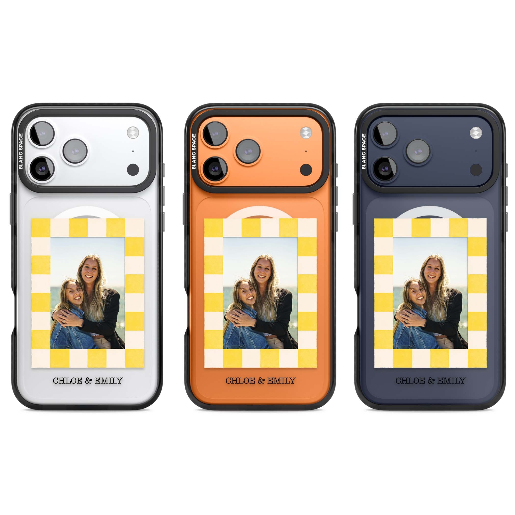 Yellow Check Photo personalised iPhone case with yellow checkered Polaroid frame and custom names beneath | Black Impact Magsafe case for iPhone 17 Pro, iPhone 17 Pro Max