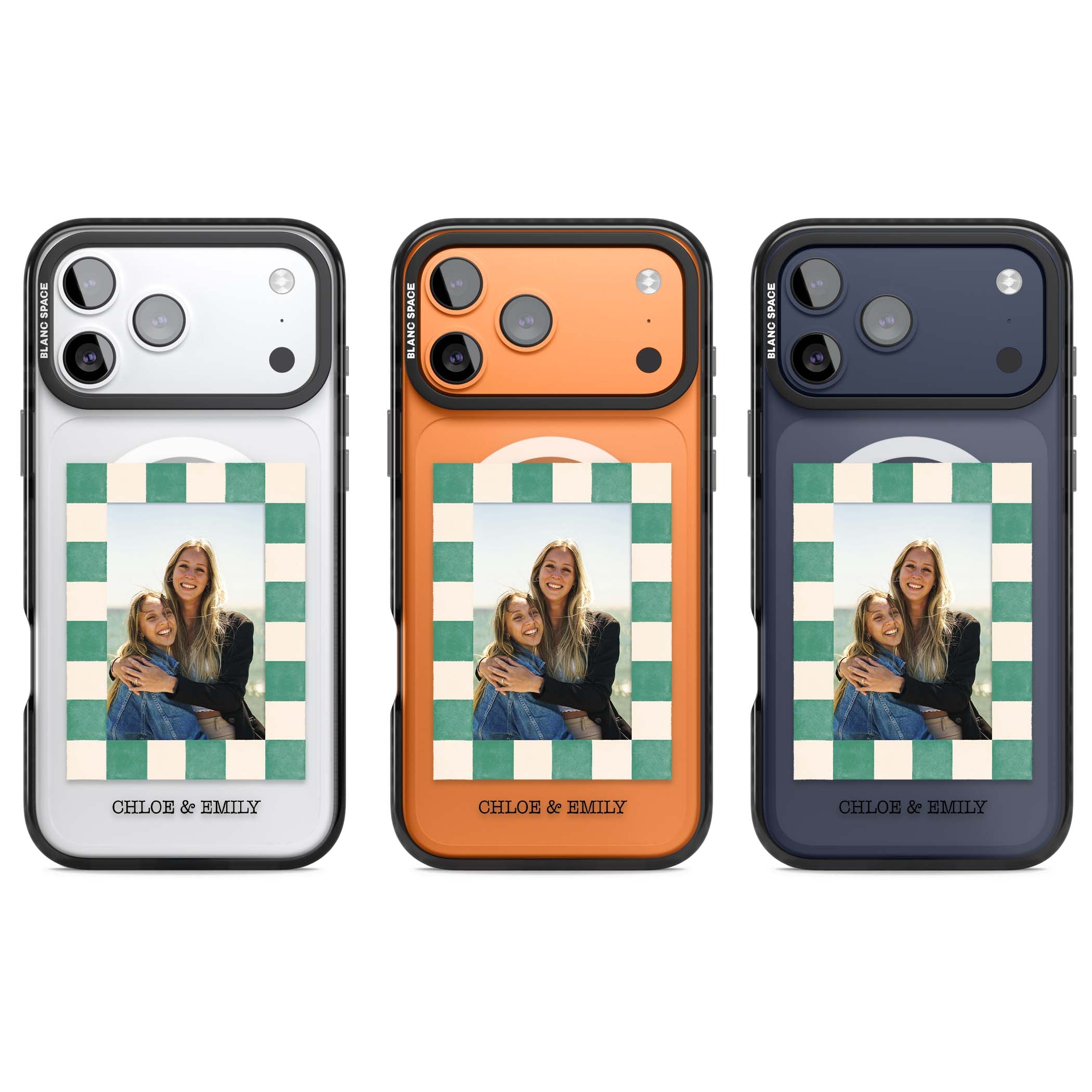 Seafoam Check Photo personalised iPhone case featuring a custom polaroid photo, green and cream checkered frame, and custom n | Black Impact Magsafe case for iPhone 17 Pro, iPhone 17 Pro Max