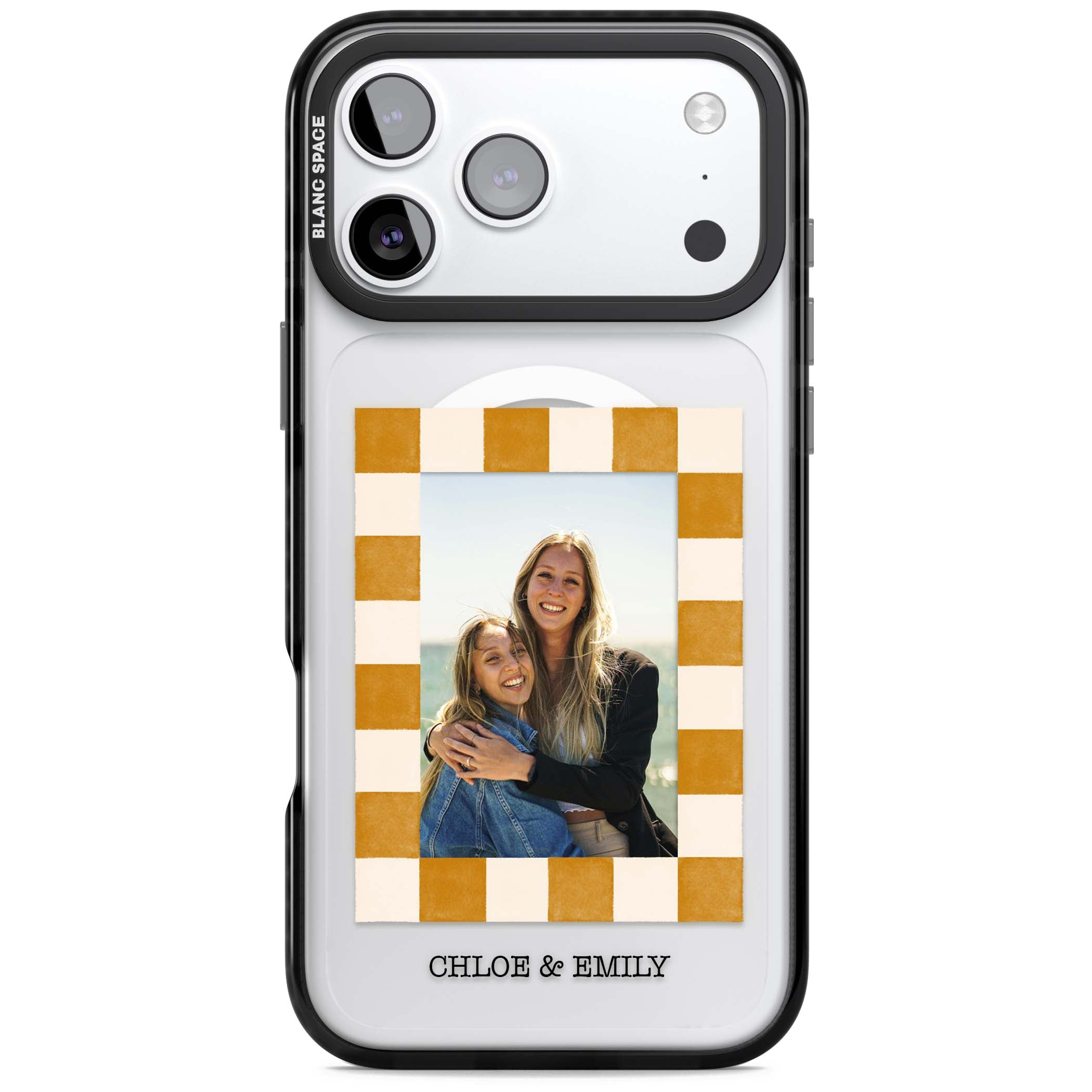 Citrus Check Photo personalised iPhone case with custom photo, orange checkered frame and names underneath | Black Impact Magsafe case for iPhone 17 Pro, iPhone 17 Pro Max