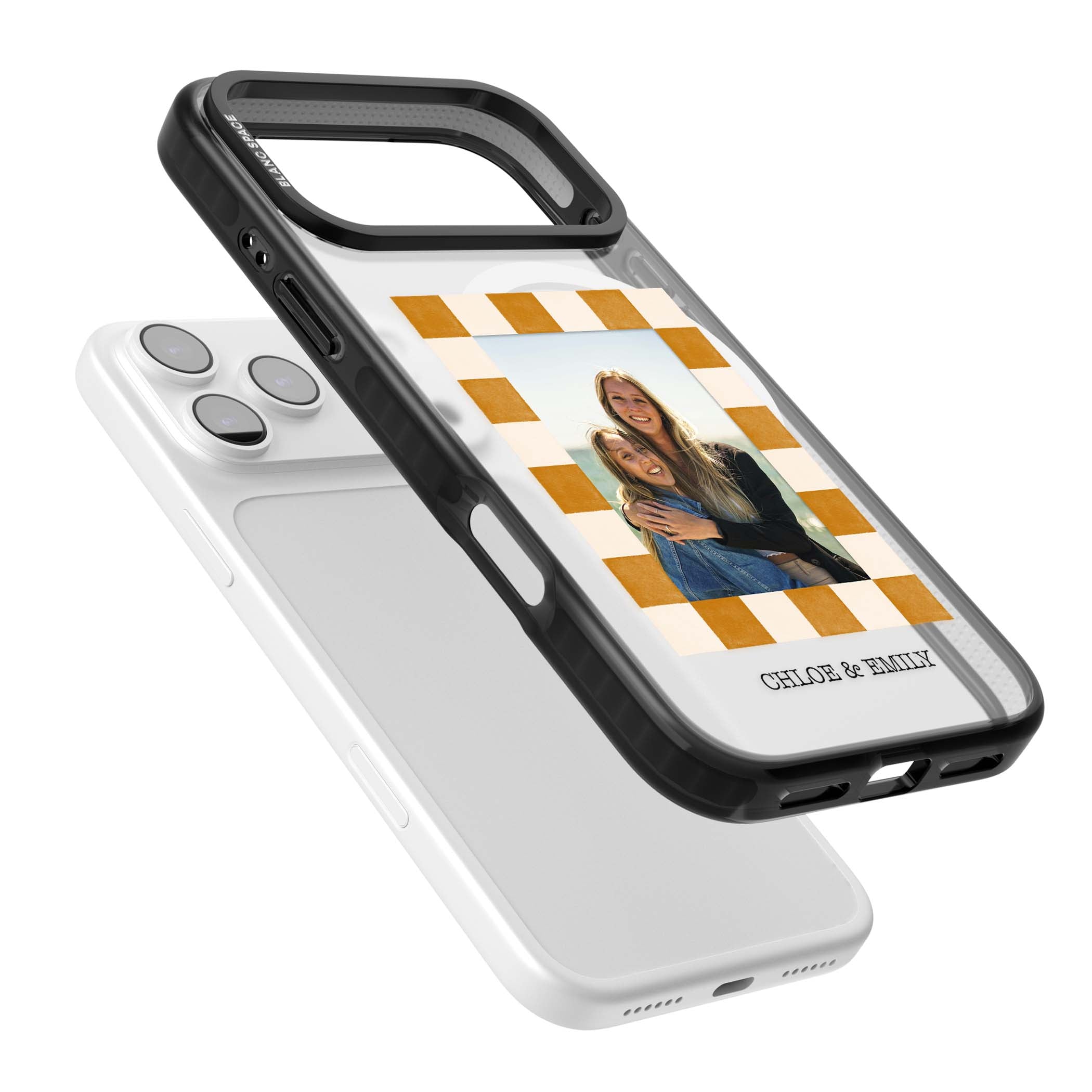 Citrus Check Photo personalised iPhone case with custom photo, orange checkered frame and names underneath | Black Impact Magsafe case for iPhone 17 Pro, iPhone 17 Pro Max