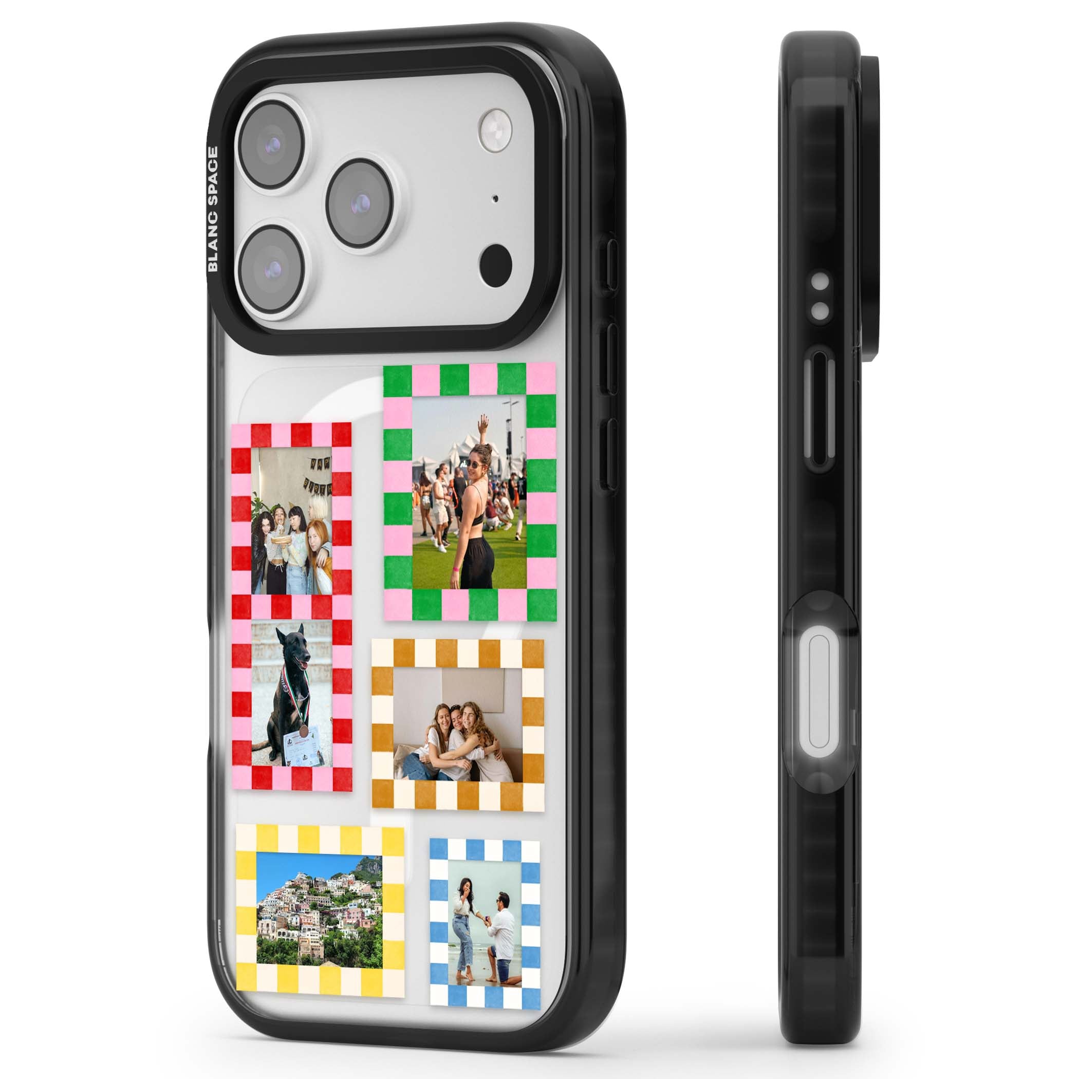 Italian Check Frames custom photo collage iPhone case featuring six checkered photo frames in red, green, pink and  | Black Impact Magsafe case for iPhone 17 Pro, iPhone 17 Pro Max