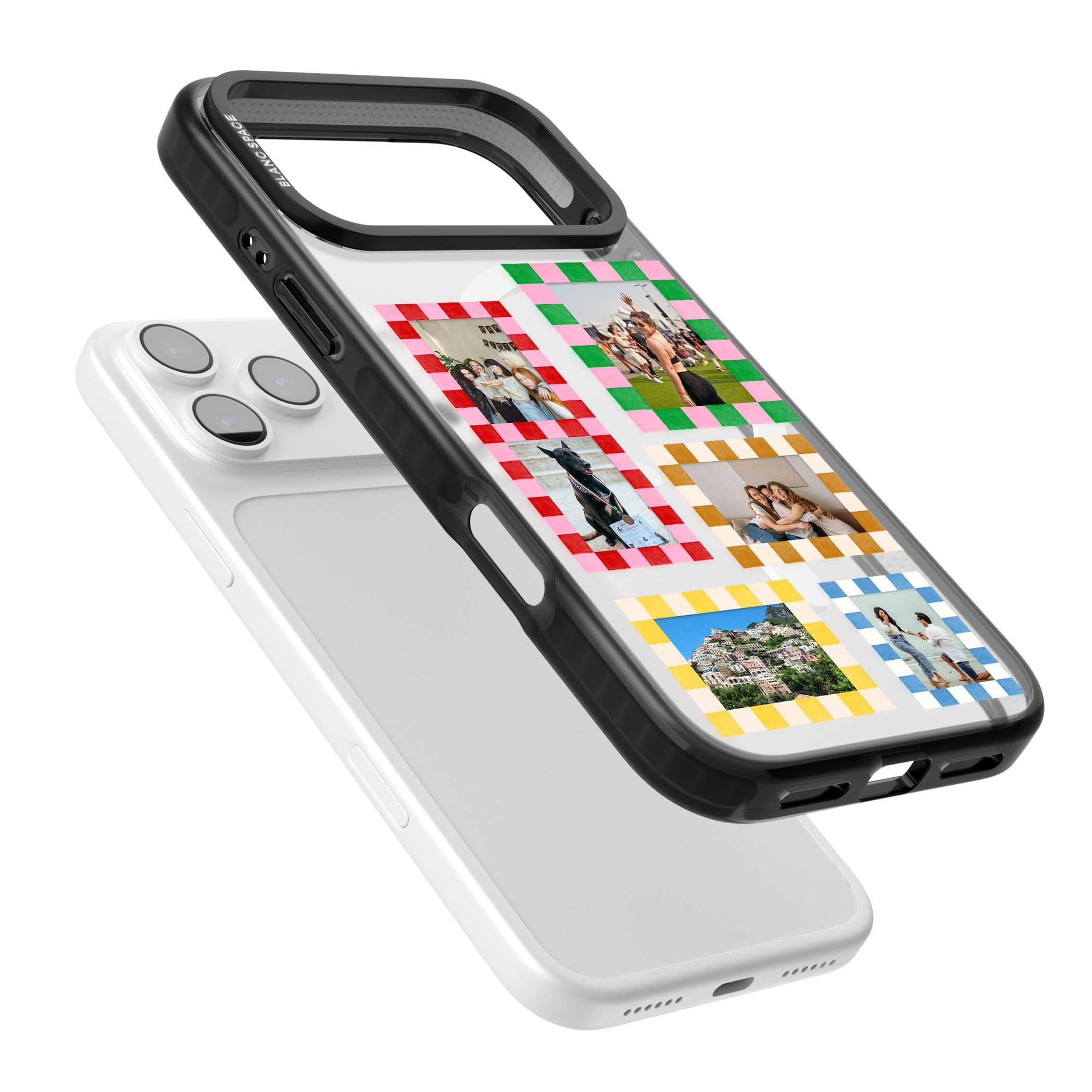 Italian Check Frames custom photo collage iPhone case featuring six checkered photo frames in red, green, pink and  | Black Impact Magsafe case for iPhone 17 Pro, iPhone 17 Pro Max