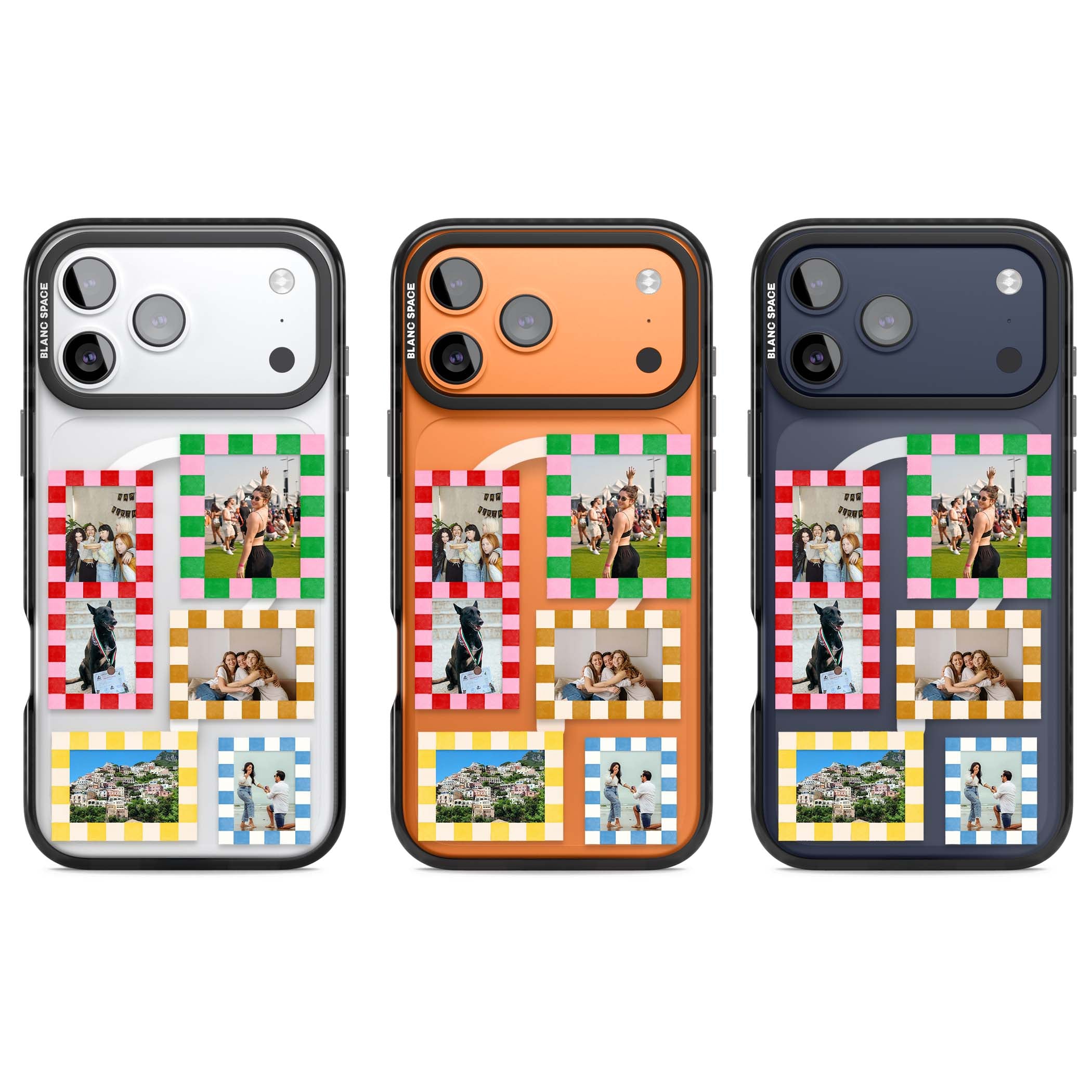Italian Check Frames custom photo collage iPhone case featuring six checkered photo frames in red, green, pink and  | Black Impact Magsafe case for iPhone 17 Pro, iPhone 17 Pro Max