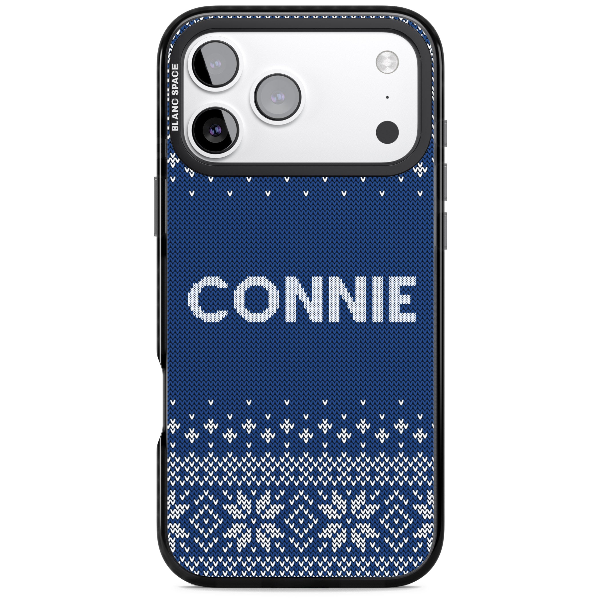 Personalised Blue Knitted Christmas iPhone 17 Pro Impact Pro Black Phone Case