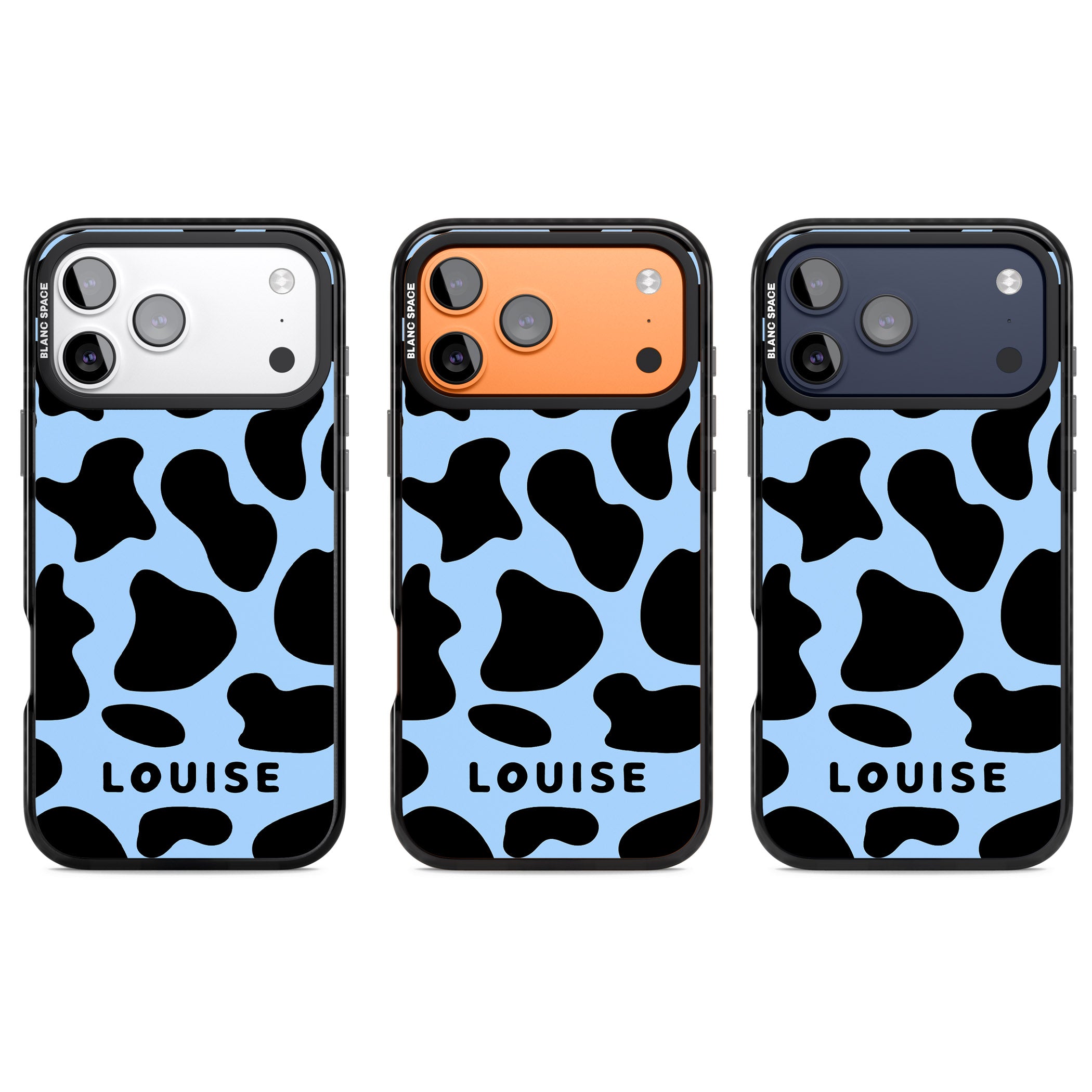 Personalised Blue And Black Cow Print iPhone 17 Pro Impact Pro Black Phone Case APT Impact Protection