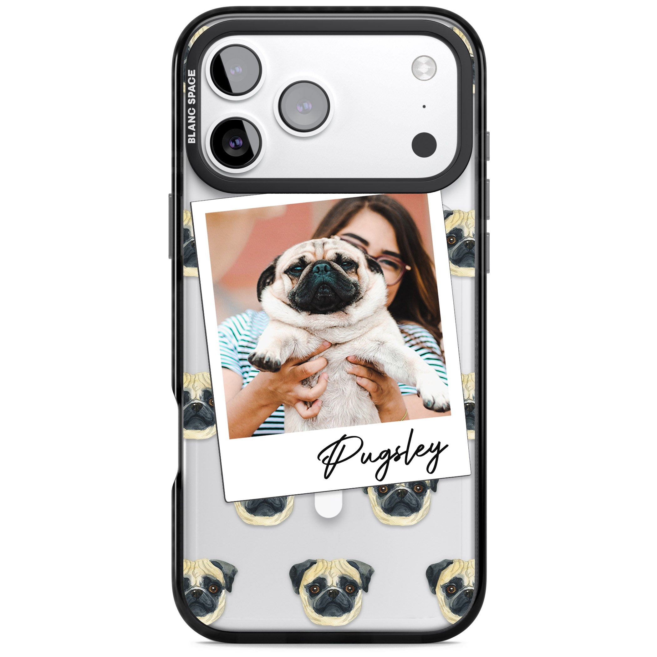 Personalised Pug Instant Camera Photo iPhone 17 Pro Impact Pro Black Phone Case