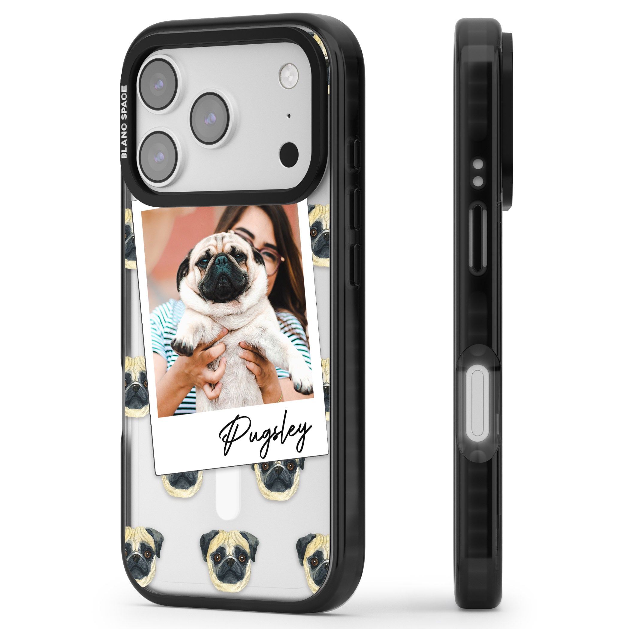 Personalised Pug Instant Camera Photo iPhone 17 Pro Impact Pro Black Phone Case Side Profile