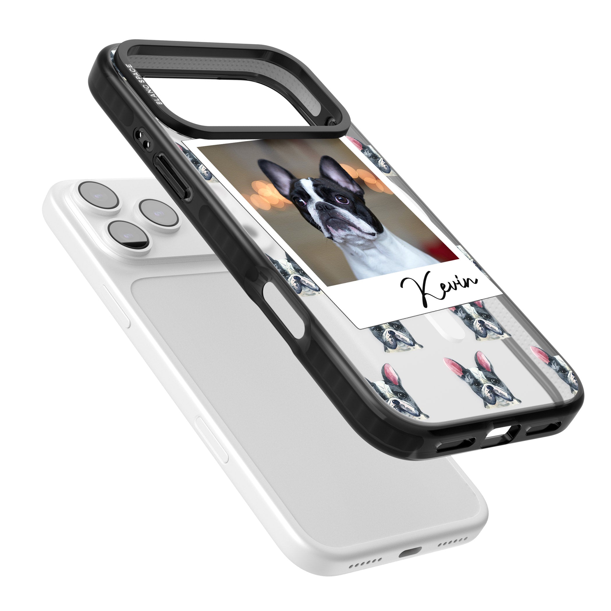 Personalised Black & White French Bulldog Instant Camera Photo iPhone 17 Pro Impact Pro Black Phone Case Colours
