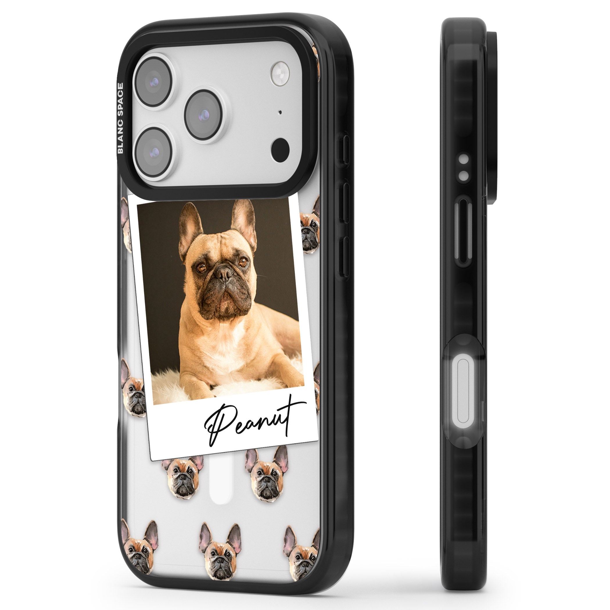 Personalised Tan French Bulldog Instant Camera Photo iPhone 17 Pro Impact Pro Black Phone Case Side Profile