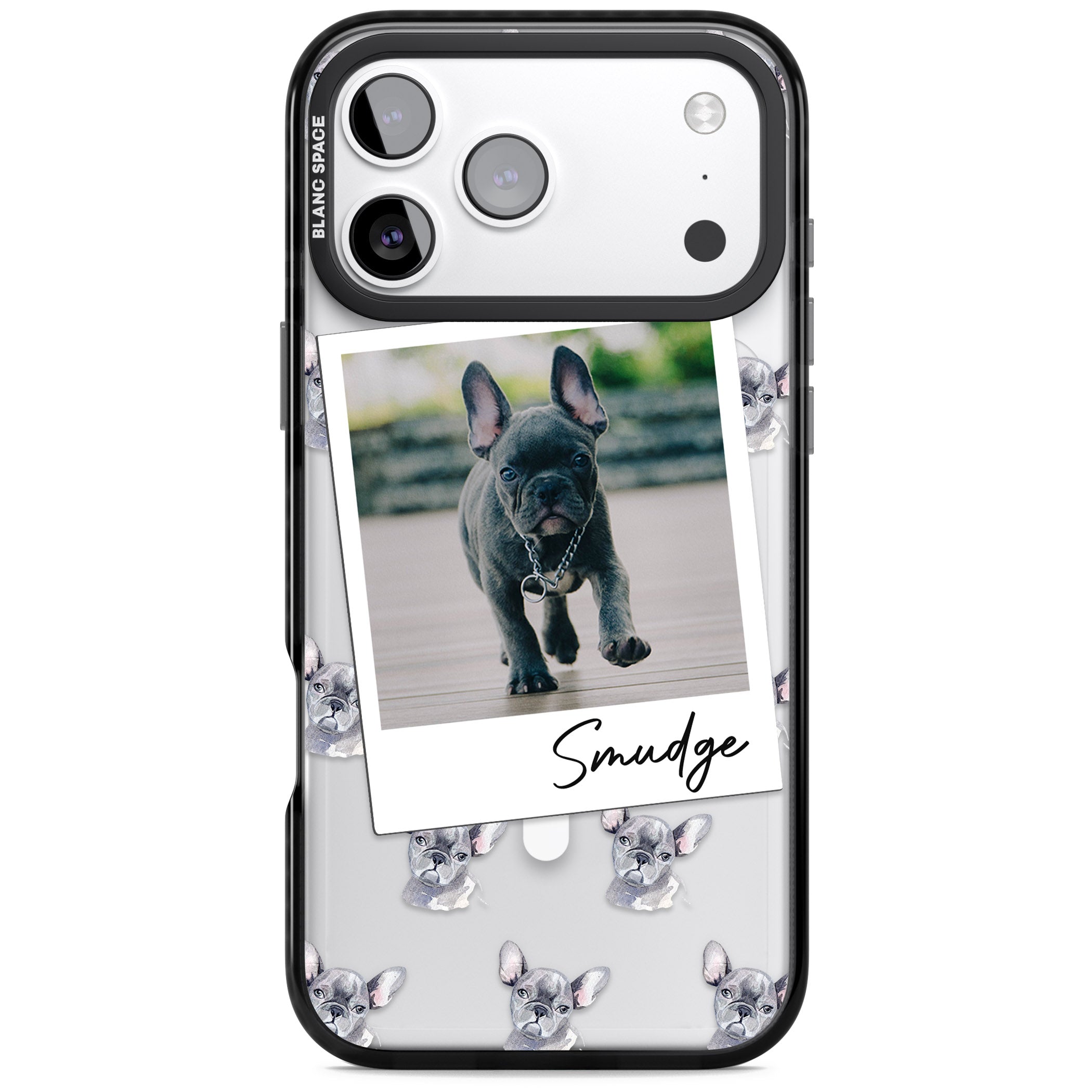 Personalised Grey French Bulldog Instant Camera Photo iPhone 17 Pro Impact Pro Black Phone Case