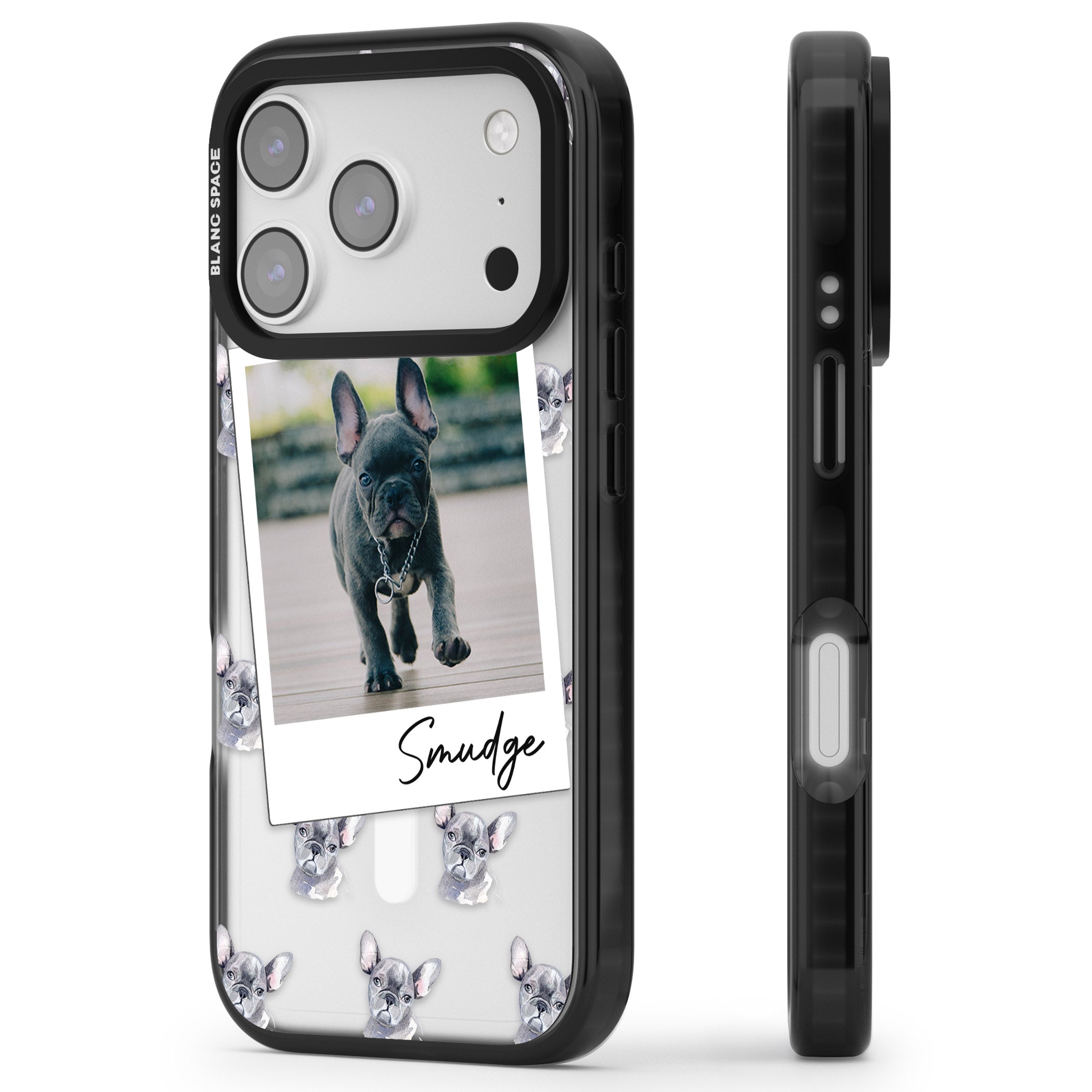 Personalised Grey French Bulldog Instant Camera Photo iPhone 17 Pro Impact Pro Black Phone Case Side Profile