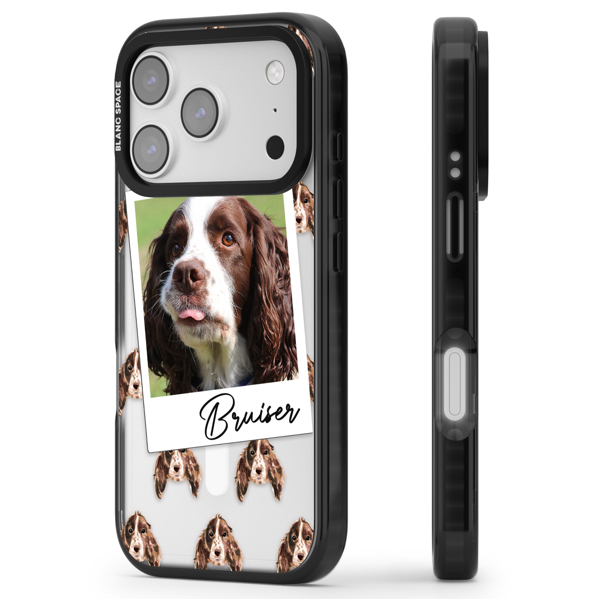 Personalised Springer Spaniel Instant Camera Photo iPhone 17 Pro Impact Pro Black Phone Case Side Profile