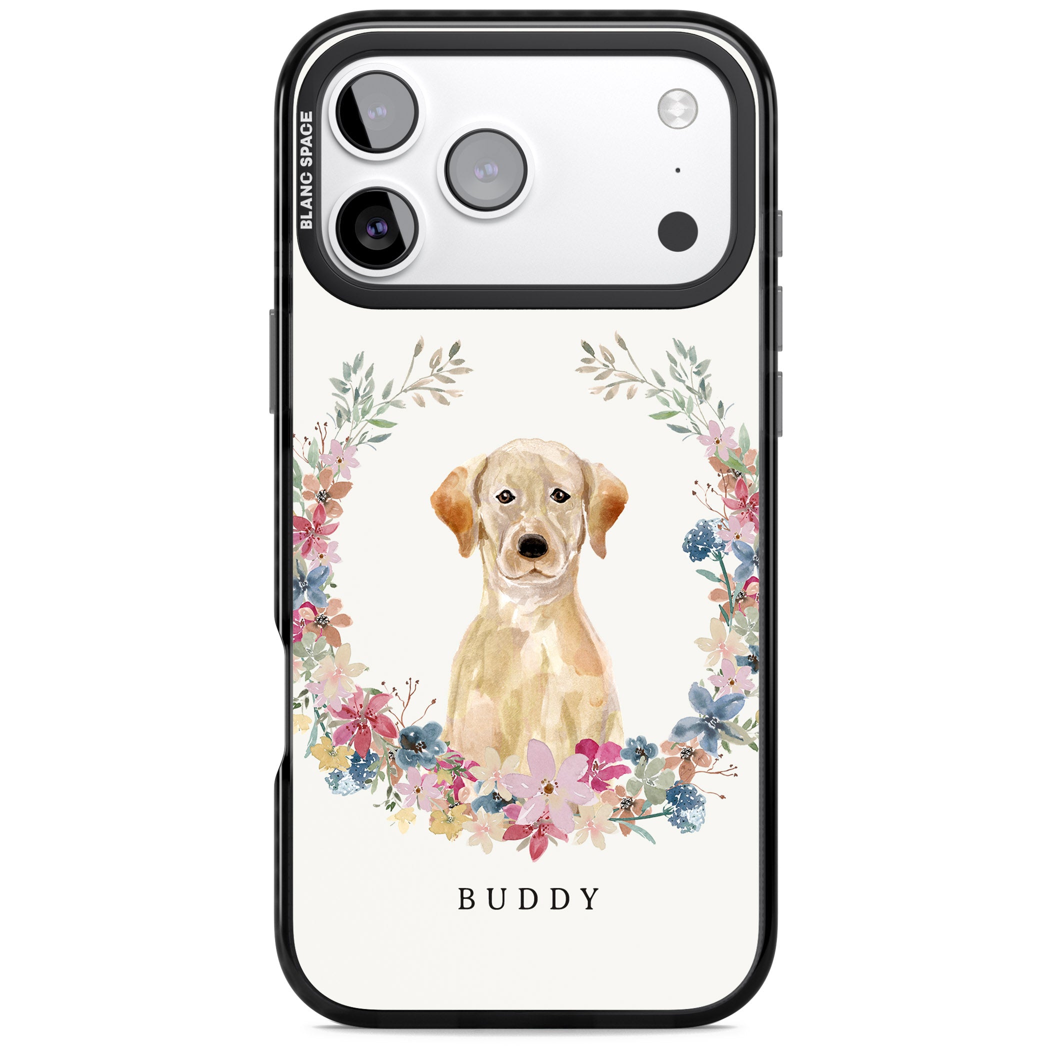 Personalised Yellow Labrador Retriever Floral Portrait iPhone 17 Pro Impact Pro Black Phone Case
