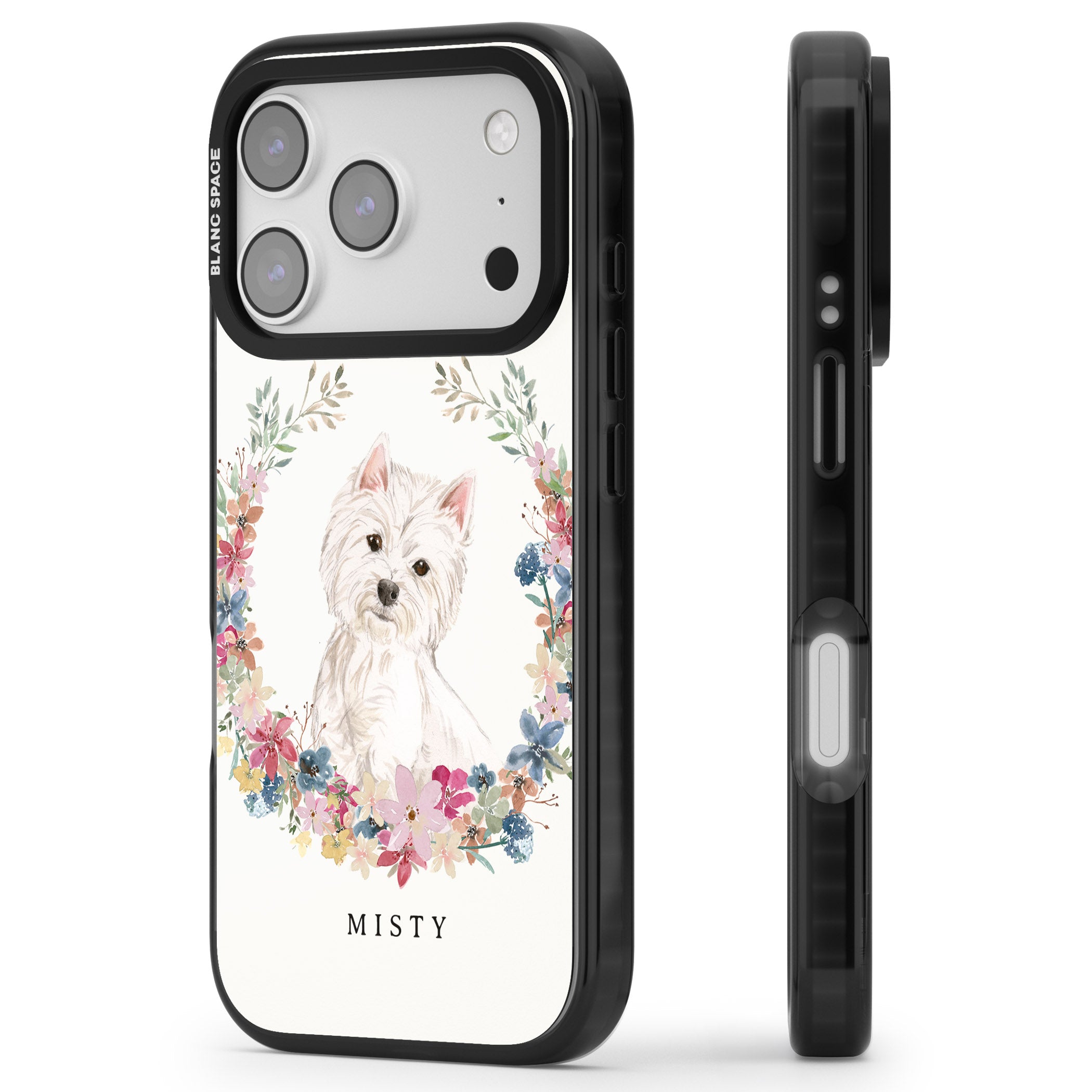 Personalised Westie Floral Portrait iPhone 17 Pro Impact Pro Black Phone Case Side Profile