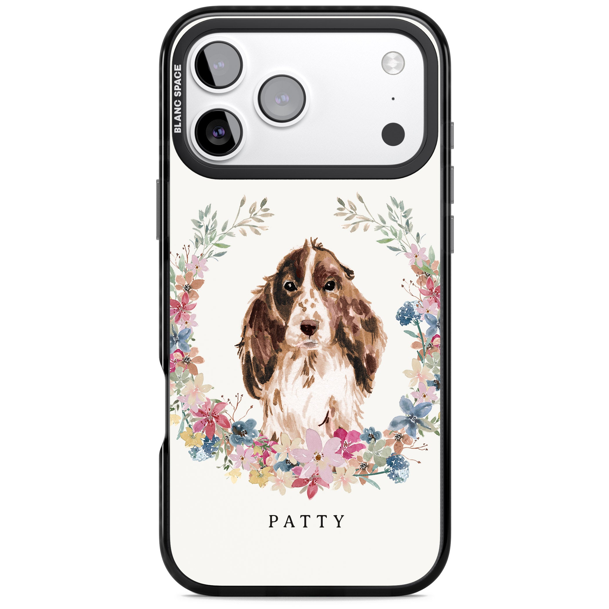 Personalised Cocker Spaniel Floral Portrait iPhone 17 Pro Impact Pro Black Phone Case