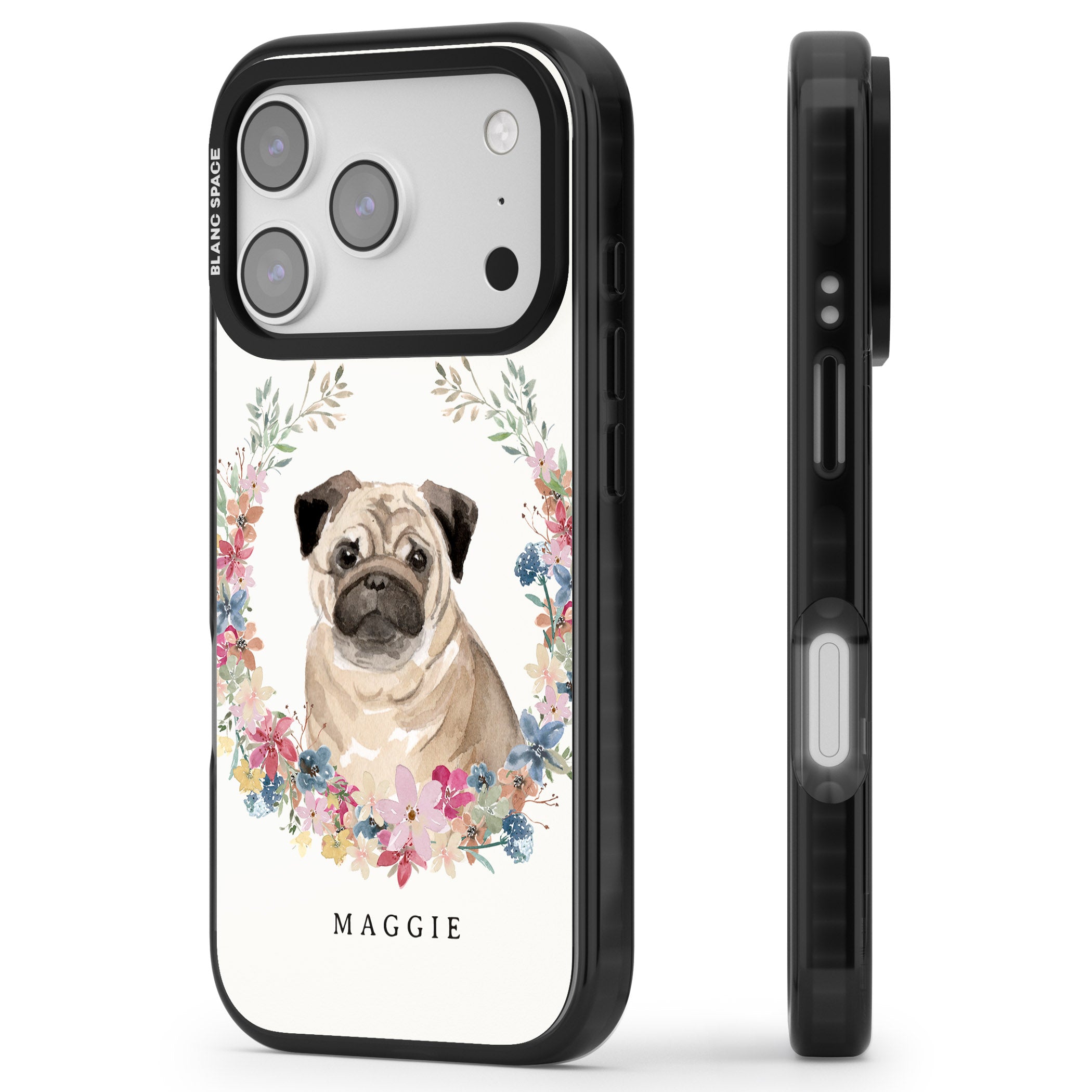Personalised Pug Floral Portrait iPhone 17 Pro Impact Pro Black Phone Case Side Profile